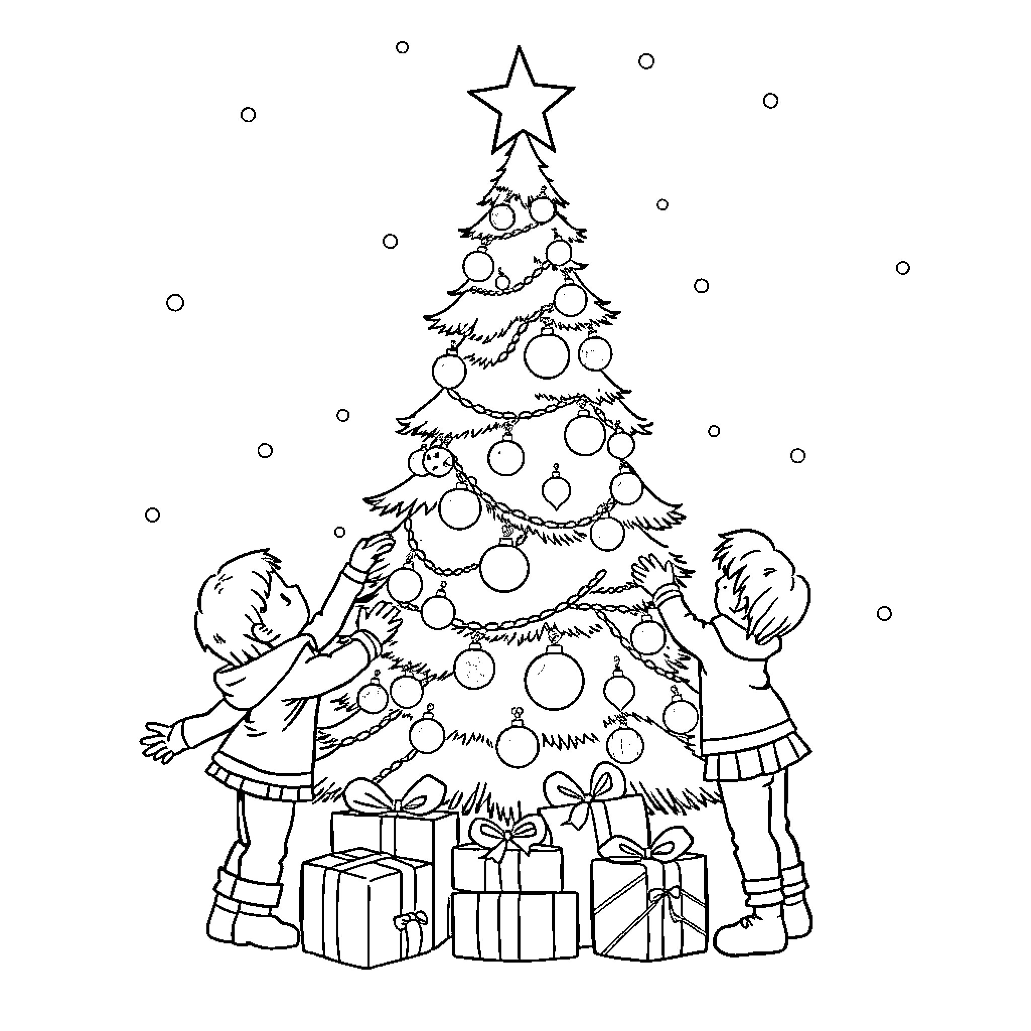 Christmas Tree with Children Decorating Coloring Page (free black-and-white line drawing printable PDF for all, from beginners to advanced learners, including children, teens, adults, and seniors)
