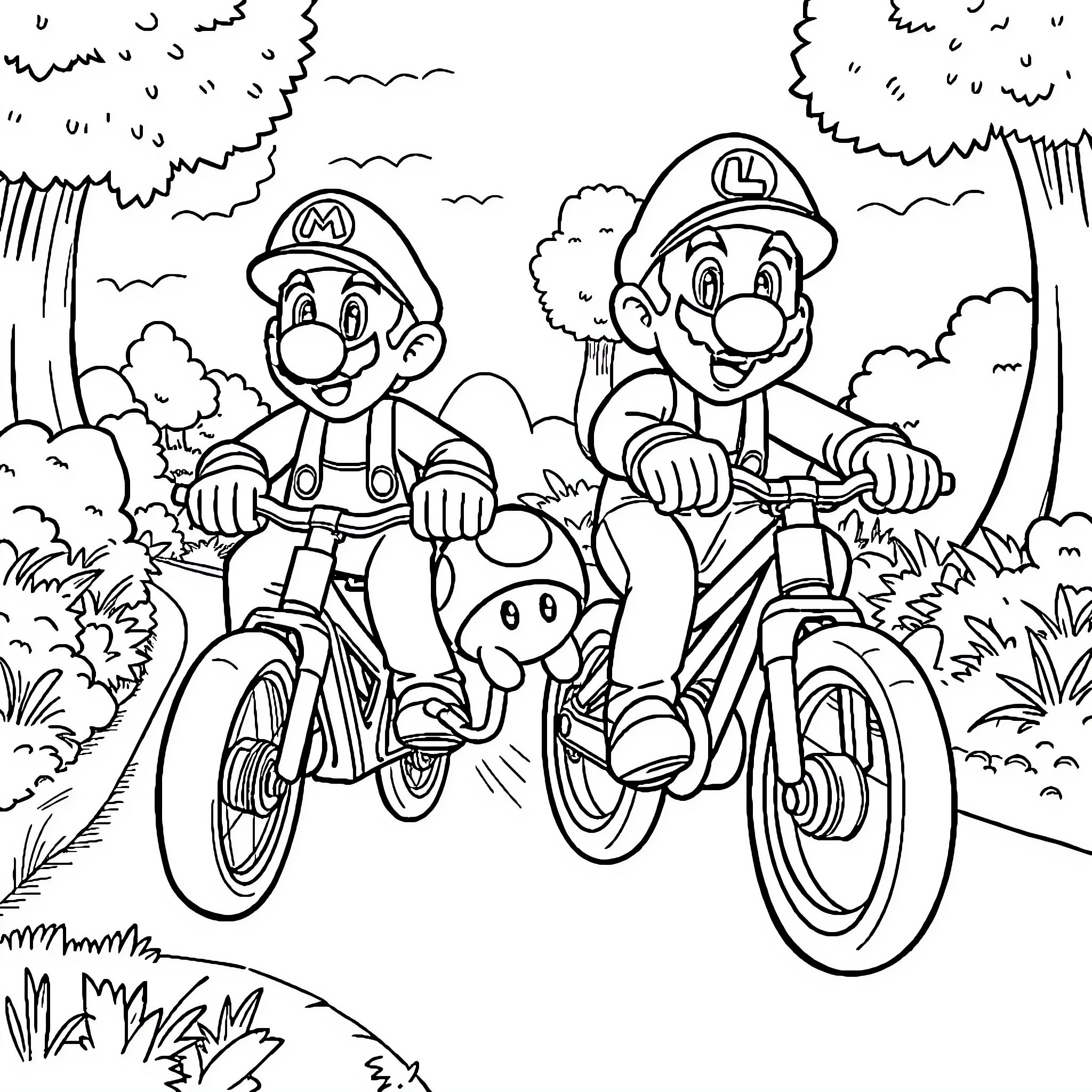 Mario and Luigi riding bicycles in nature Coloring Page (free black-and-white line drawing printable PDF for all, from beginners to advanced learners, including children, teens, adults, and seniors)