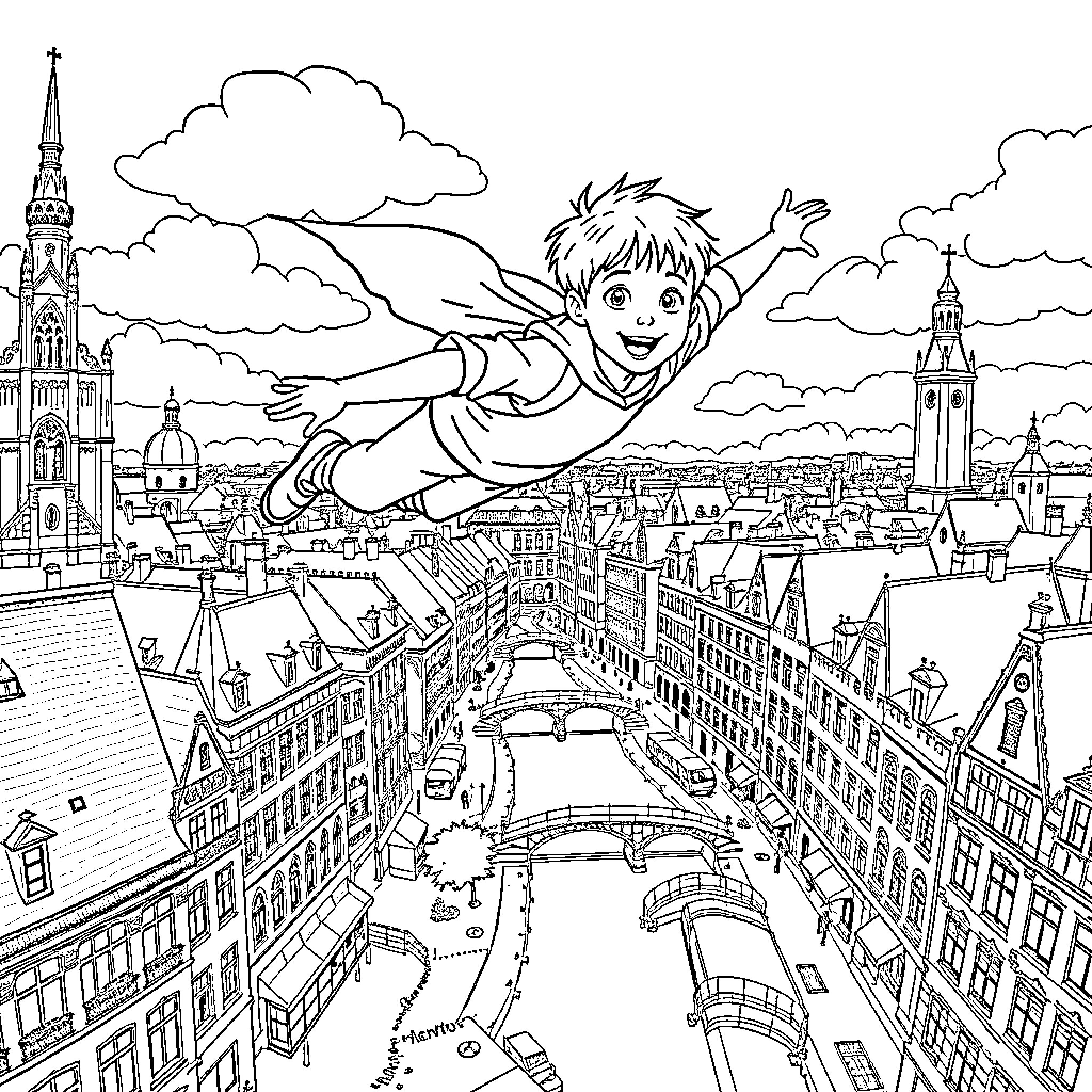 Boy soaring high over the city skyline Coloring Page (free black-and-white line drawing printable PDF for all, from beginners to advanced learners, including children, teens, adults, and seniors)