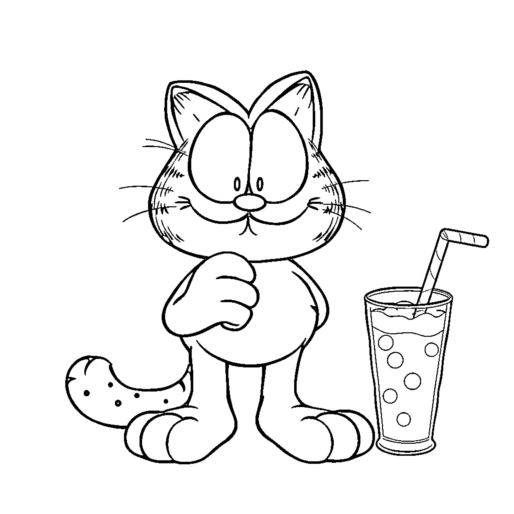 Garfield drinking soda with snail friend Coloring Page (free black-and-white line drawing printable PDF for all, from beginners to advanced learners, including children, teens, adults, and seniors)