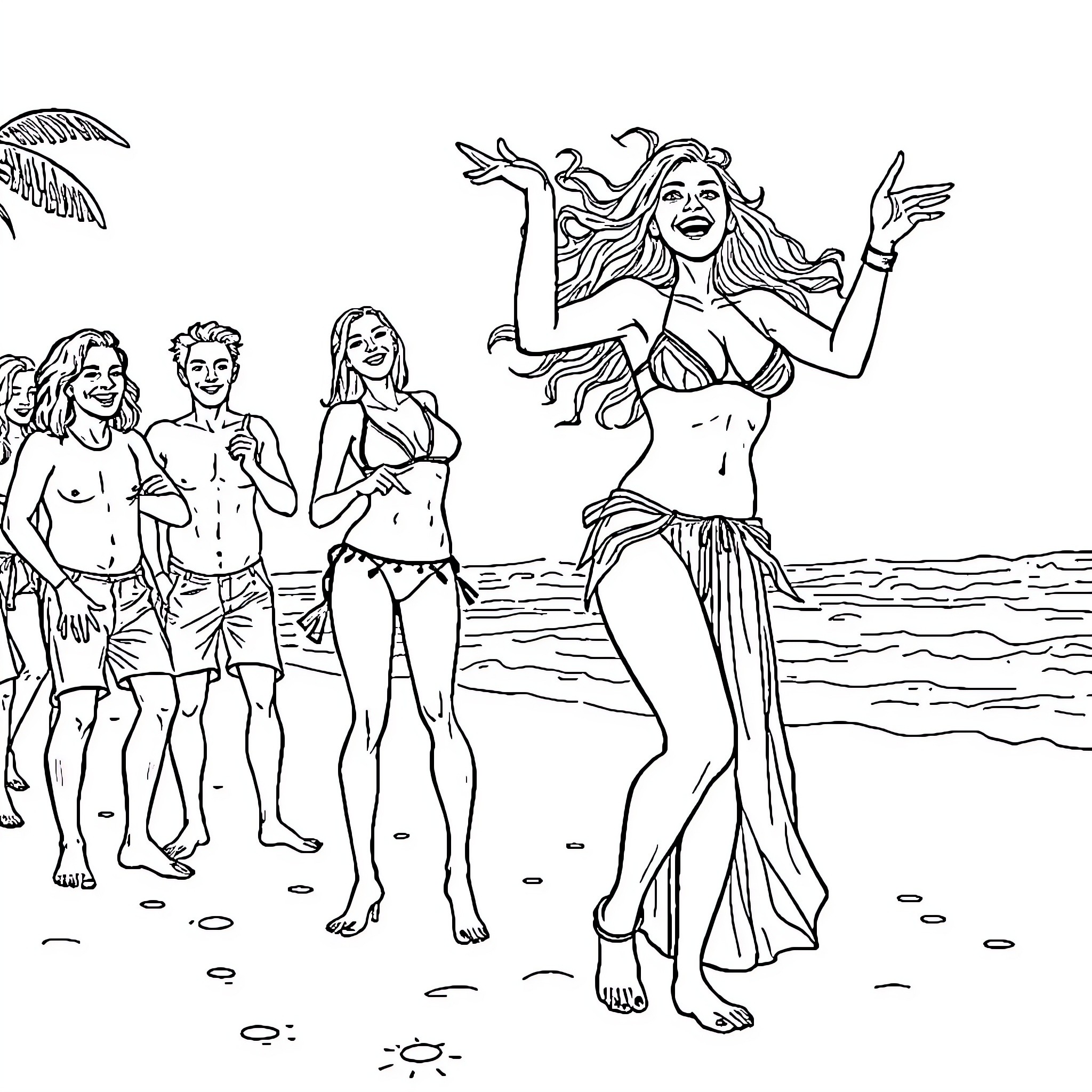 Woman dancing joyfully on the beach with friends Coloring Page (free black-and-white line drawing printable PDF for all, from beginners to advanced learners, including children, teens, adults, and seniors)