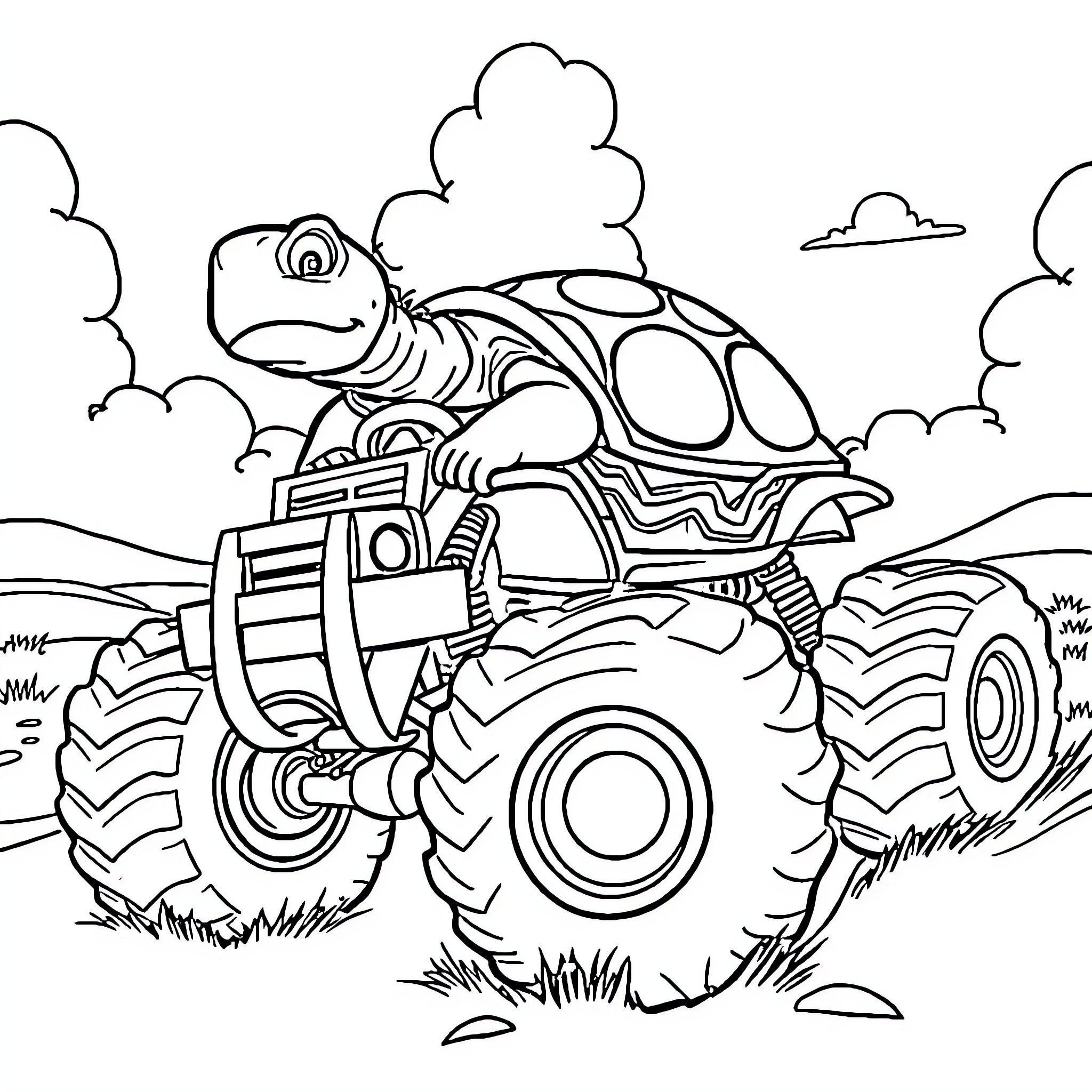 Turtle Monster Truck Crushing Through the Terrain Coloring Page (free black-and-white line drawing printable PDF for all, from beginners to advanced learners, including children, teens, adults, and seniors)