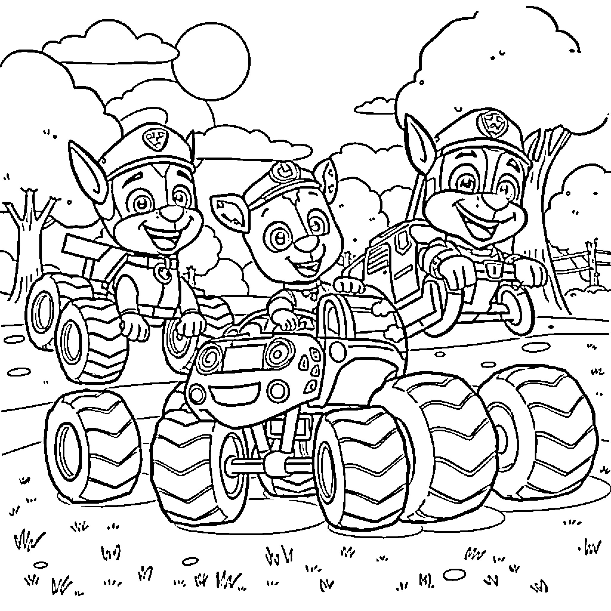 Marshall and Friends on a Muddy Adventure Coloring Page (free black-and-white line drawing printable PDF for all, from beginners to advanced learners, including children, teens, adults, and seniors)