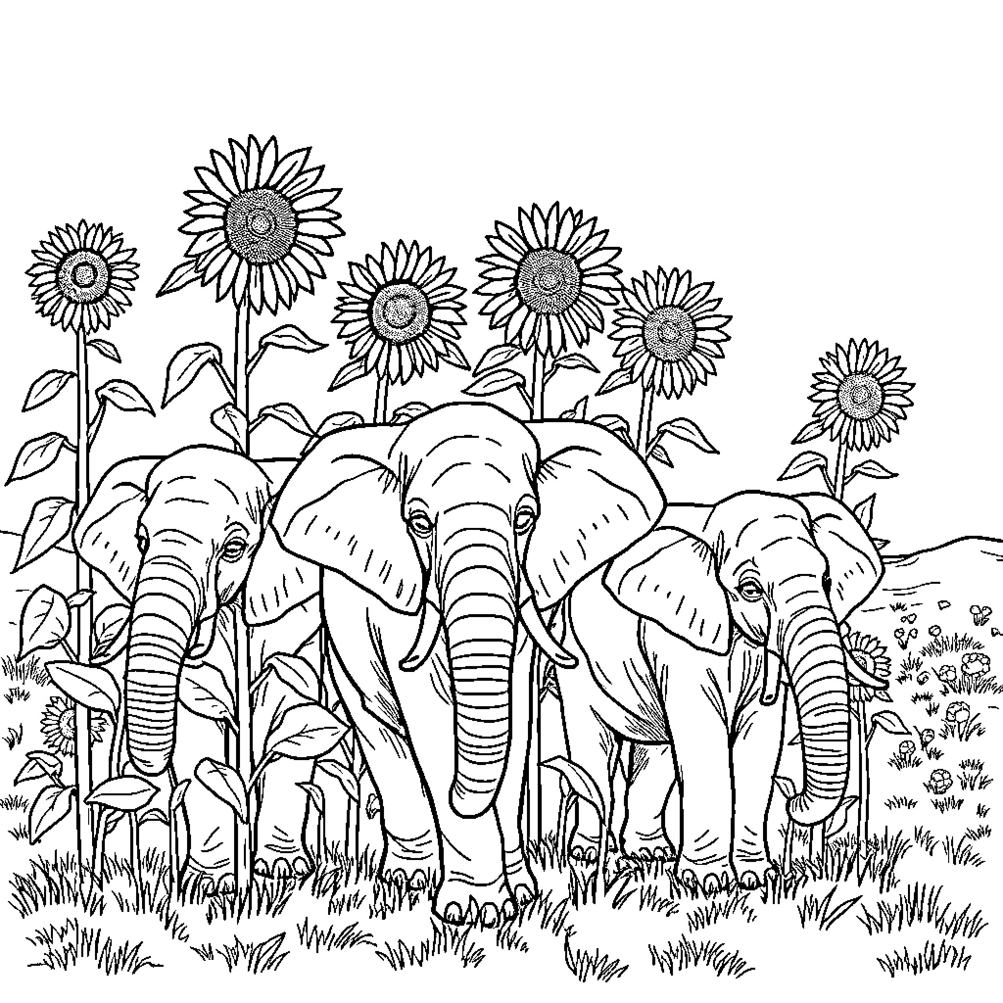 Elephant Family in a Sunflower Field Coloring Page (free black-and-white line drawing printable PDF for all, from beginners to advanced learners, including children, teens, adults, and seniors)