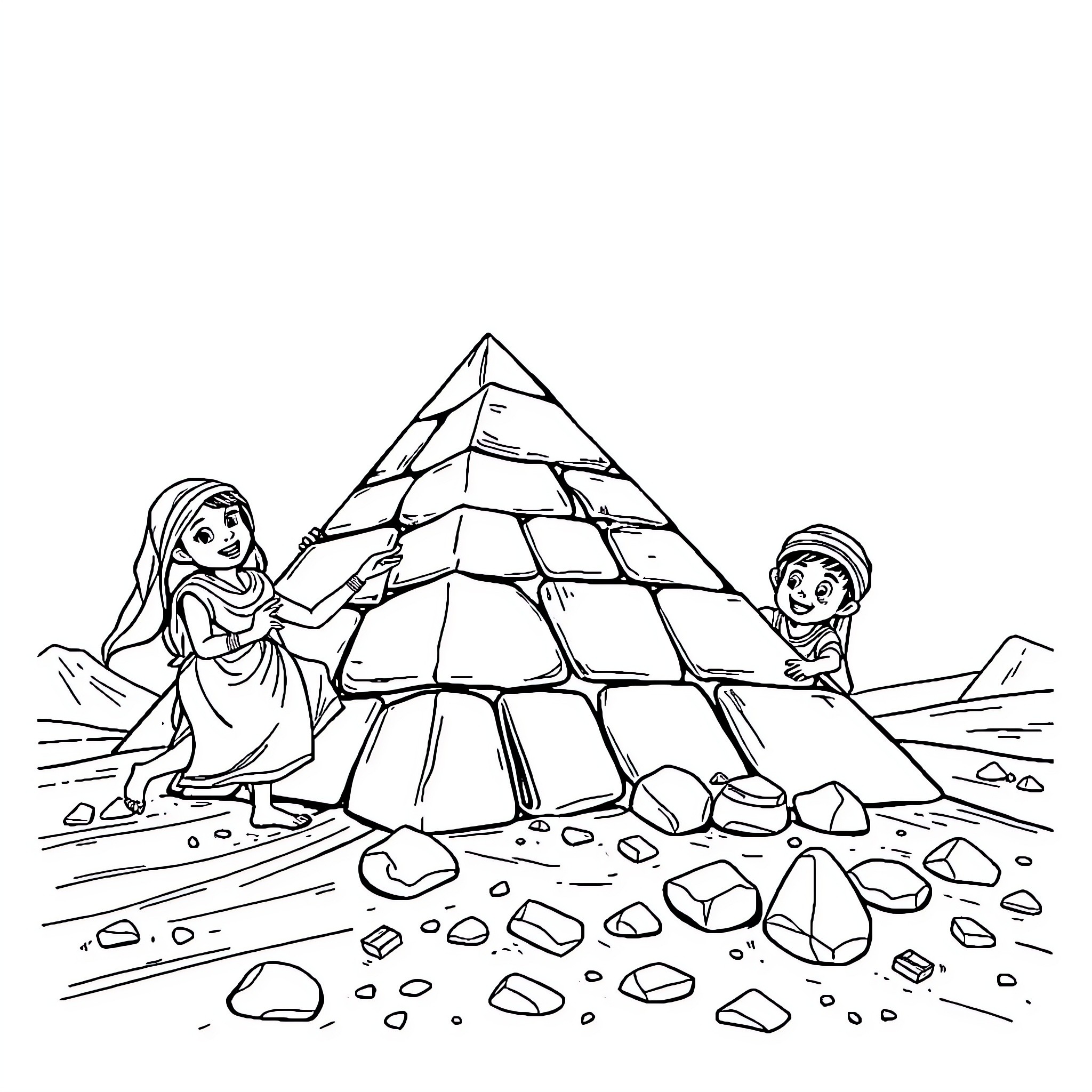 Kids Building Pyramid Structure in Desert Coloring Page (free black-and-white line drawing printable PDF for all, from beginners to advanced learners, including children, teens, adults, and seniors)