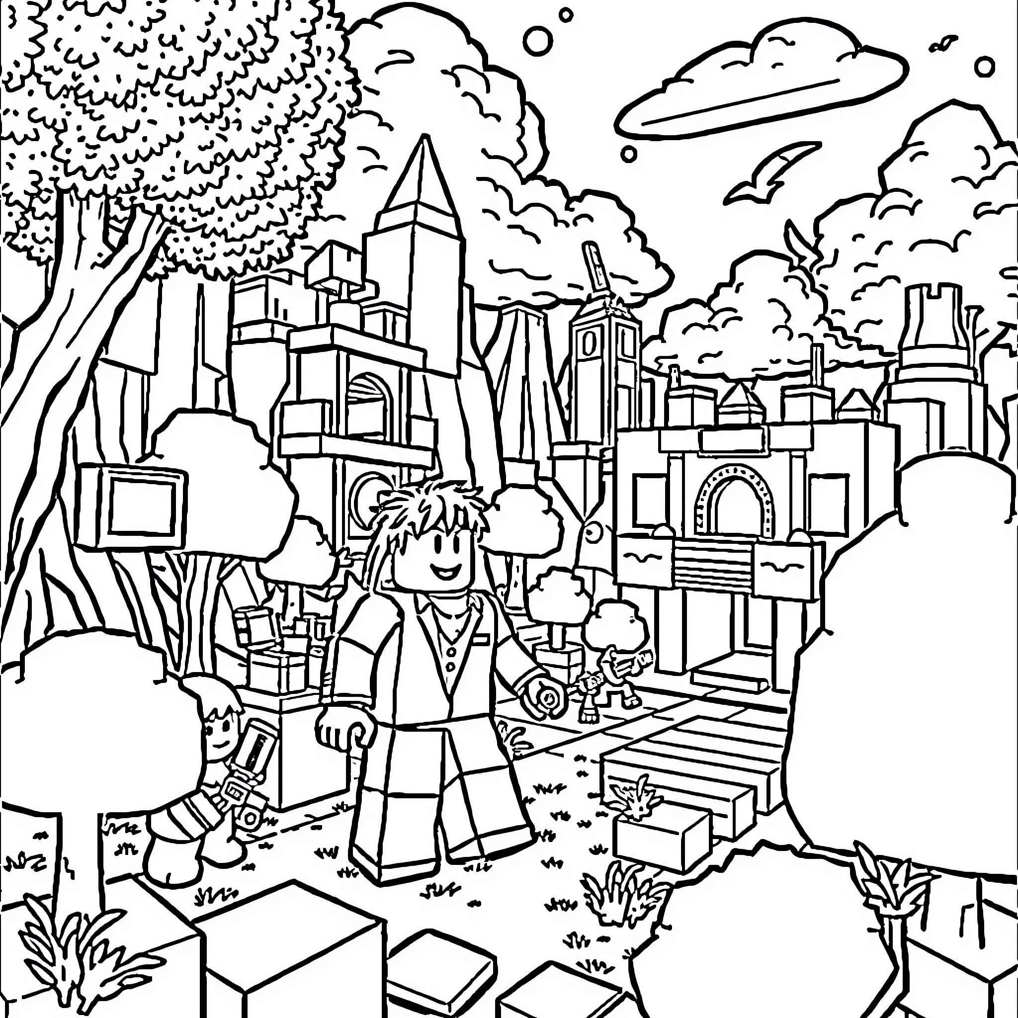 Roblox Player Exploring a Fantastical Cityscape Coloring Page (free black-and-white line drawing printable PDF for all, from beginners to advanced learners, including children, teens, adults, and seniors)