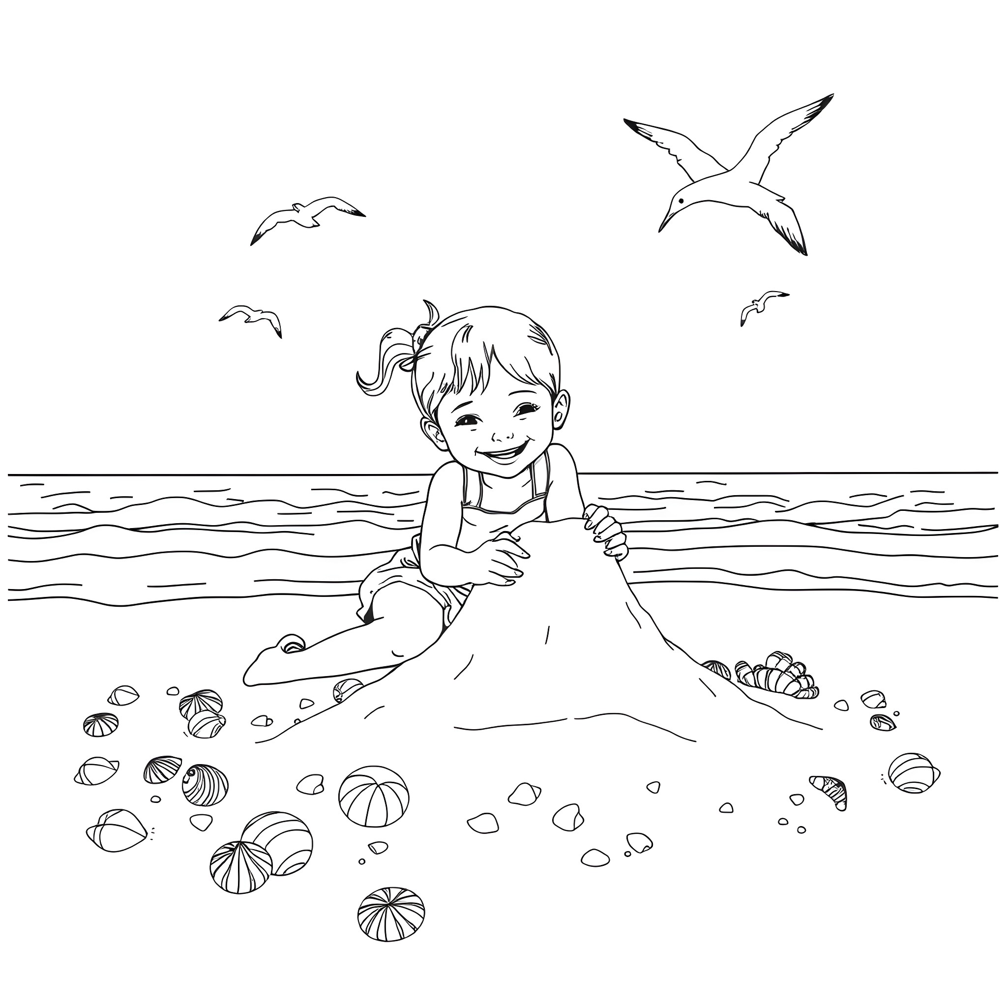 Girl playing happily on the beach with seagulls Coloring Page (free black-and-white line drawing printable PDF for all, from beginners to advanced learners, including children, teens, adults, and seniors)