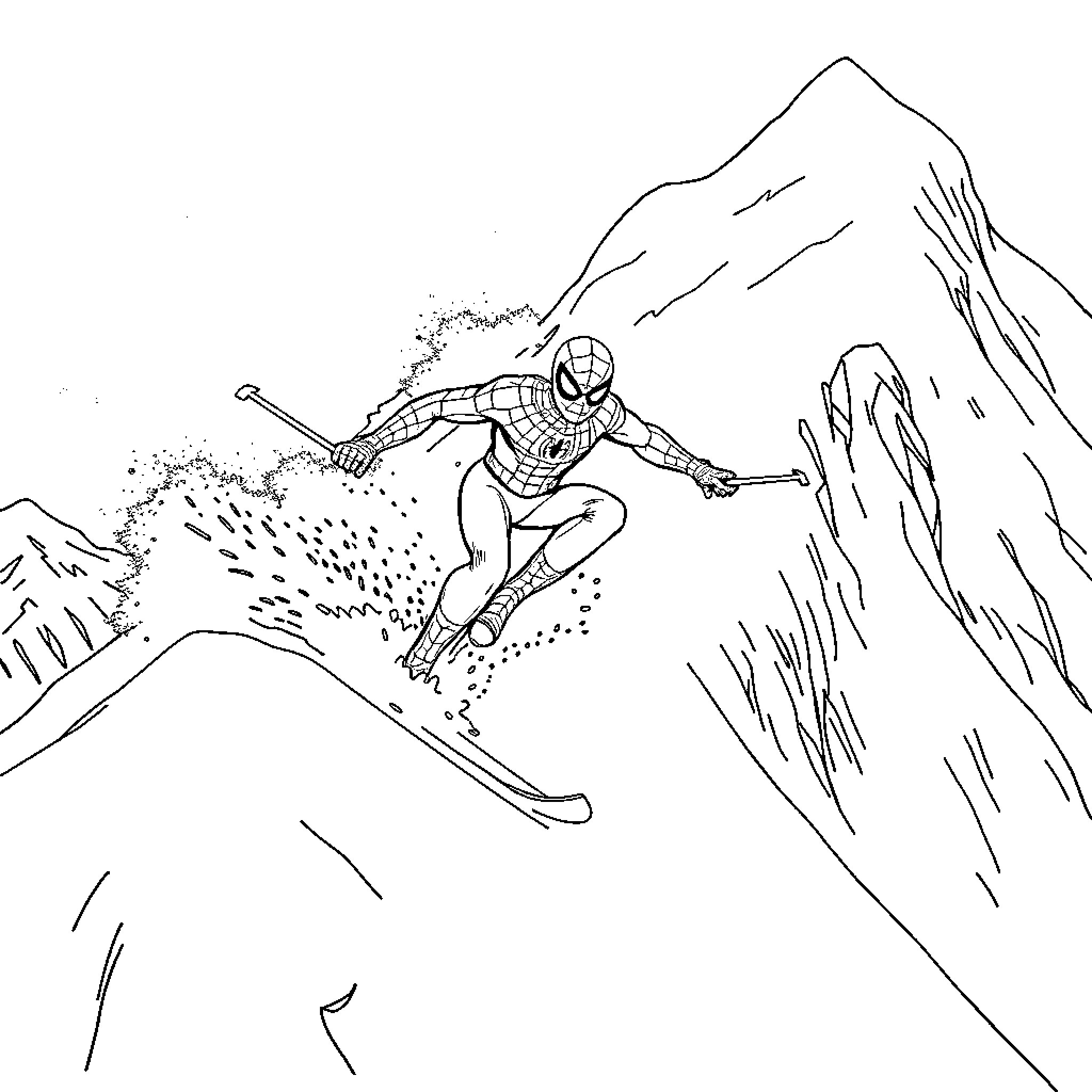 Spiderman skiing down a steep snowy mountain slope Coloring Page (free black-and-white line drawing printable PDF for all, from beginners to advanced learners, including children, teens, adults, and seniors)