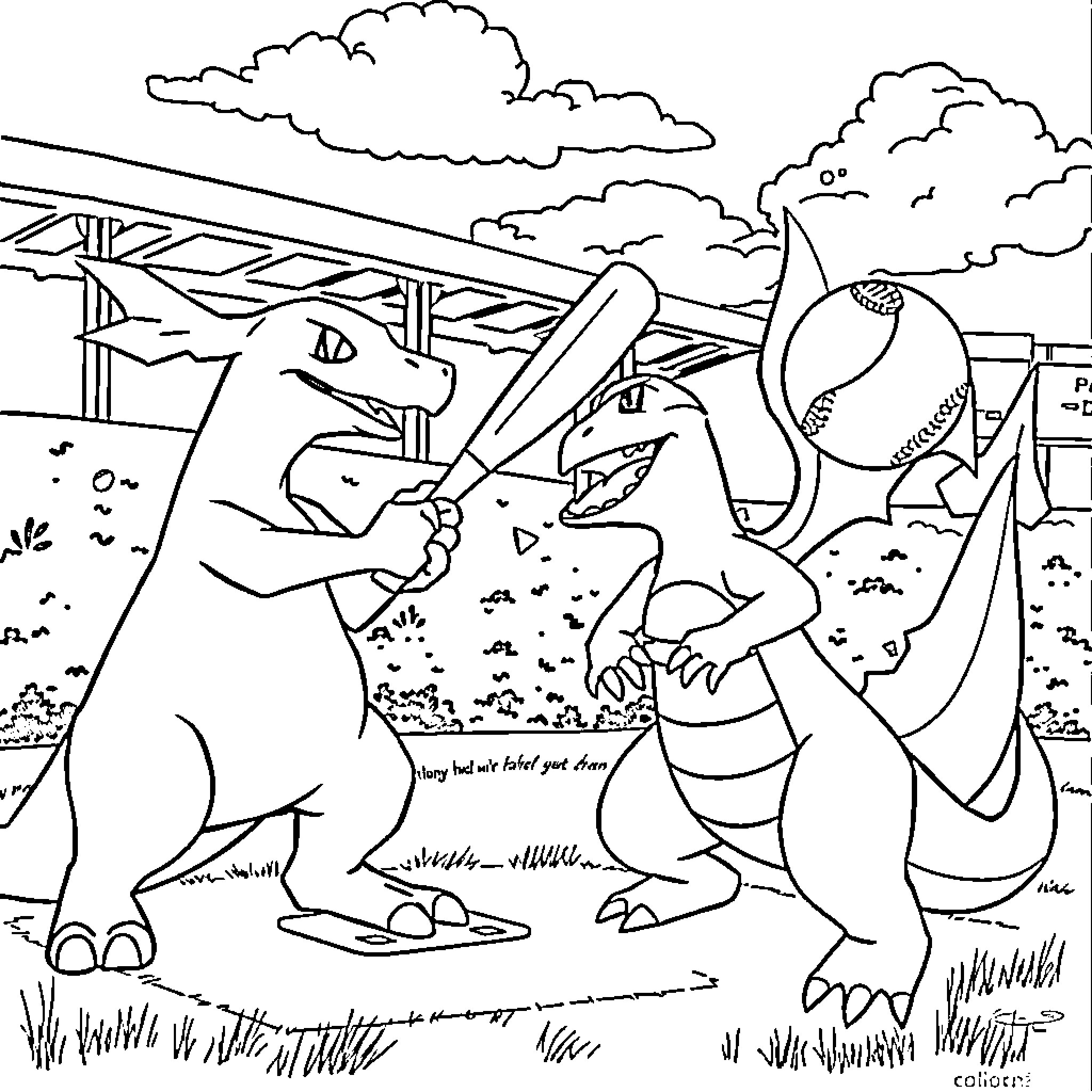 Charizard and Blastoise battling in the field Coloring Page (free black-and-white line drawing printable PDF for all, from beginners to advanced learners, including children, teens, adults, and seniors)