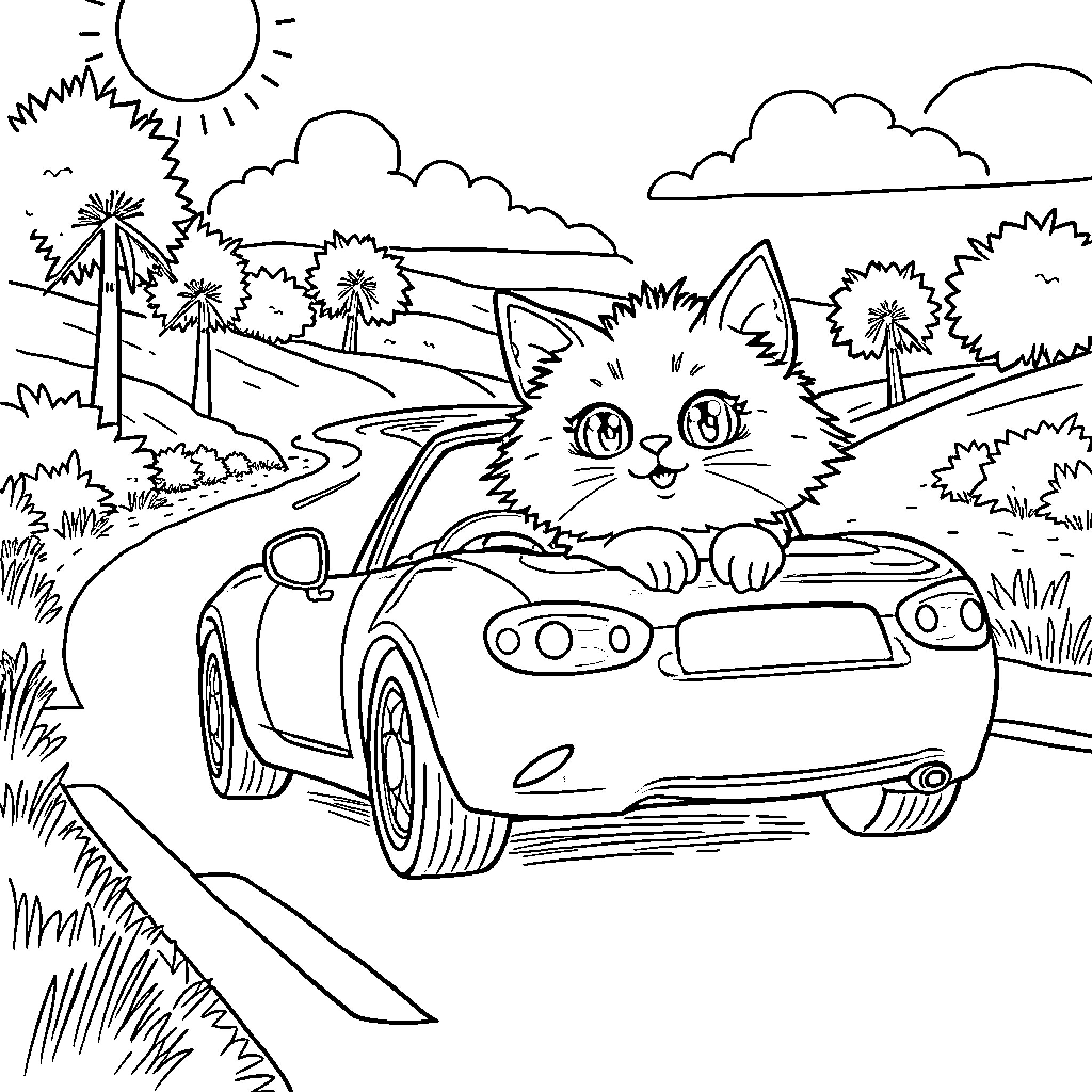 Cat peeking out from behind a car on the road Coloring Page (free black-and-white line drawing printable PDF for all, from beginners to advanced learners, including children, teens, adults, and seniors)