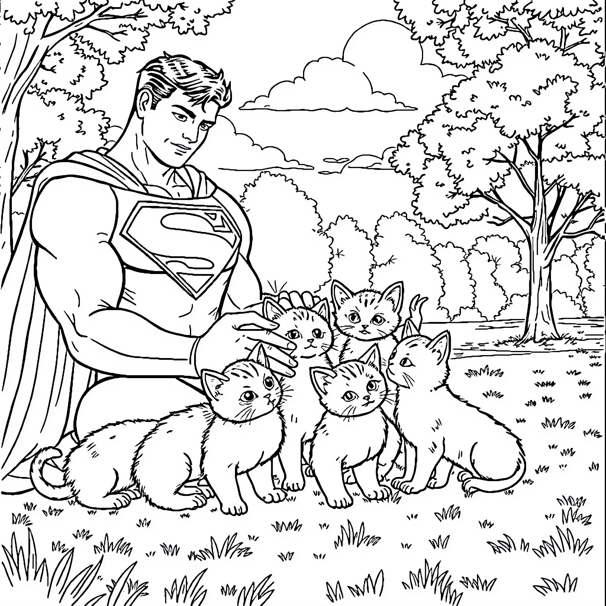 Kitty Superheroes and Their Furry Friends Coloring Page (free black-and-white line drawing printable PDF for all, from beginners to advanced learners, including children, teens, adults, and seniors)