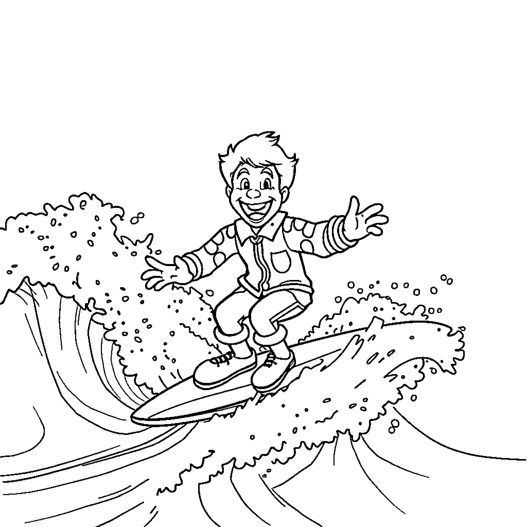 Ronald McDonald surfing on a wave Coloring Page (free black-and-white line drawing printable PDF for all, from beginners to advanced learners, including children, teens, adults, and seniors)