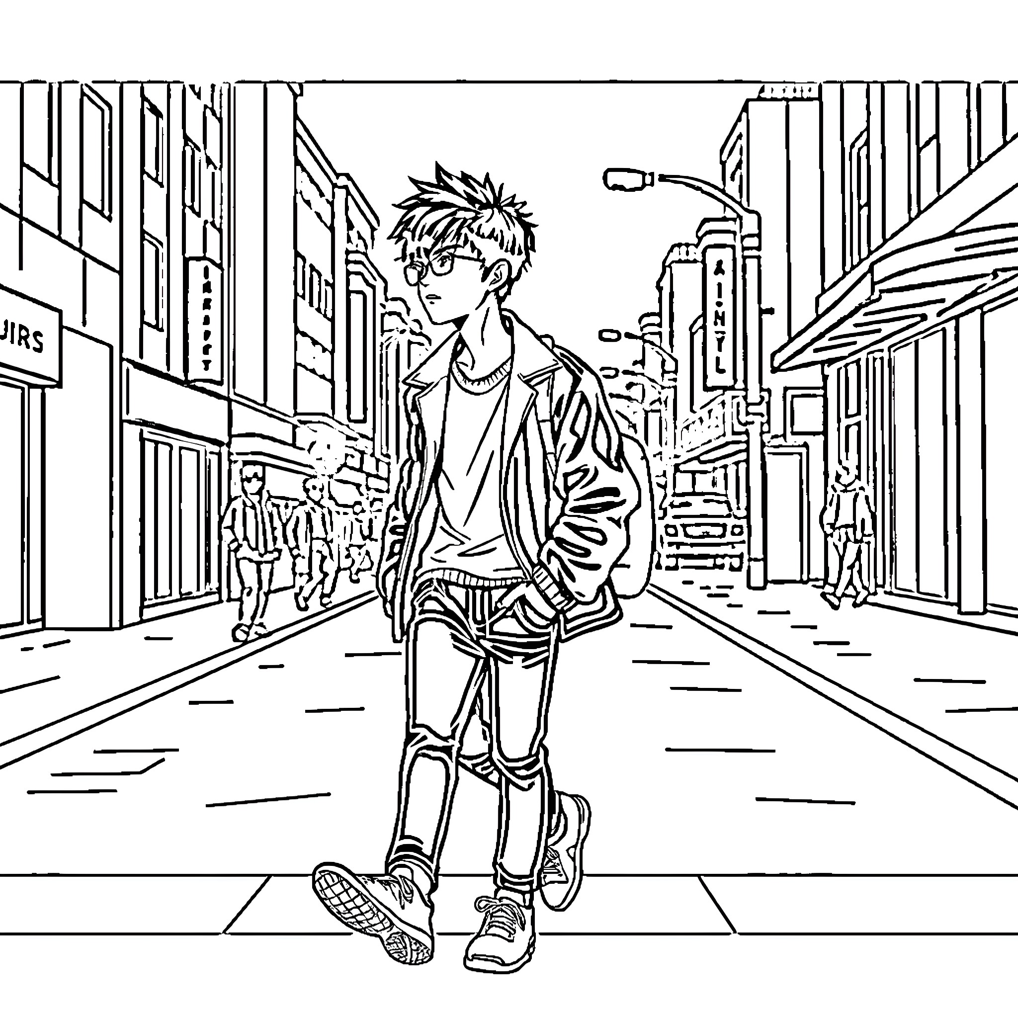 Min Yoongi Strolling Through the Bustling City Coloring Page (free black-and-white line drawing printable PDF for all, from beginners to advanced learners, including children, teens, adults, and seniors)