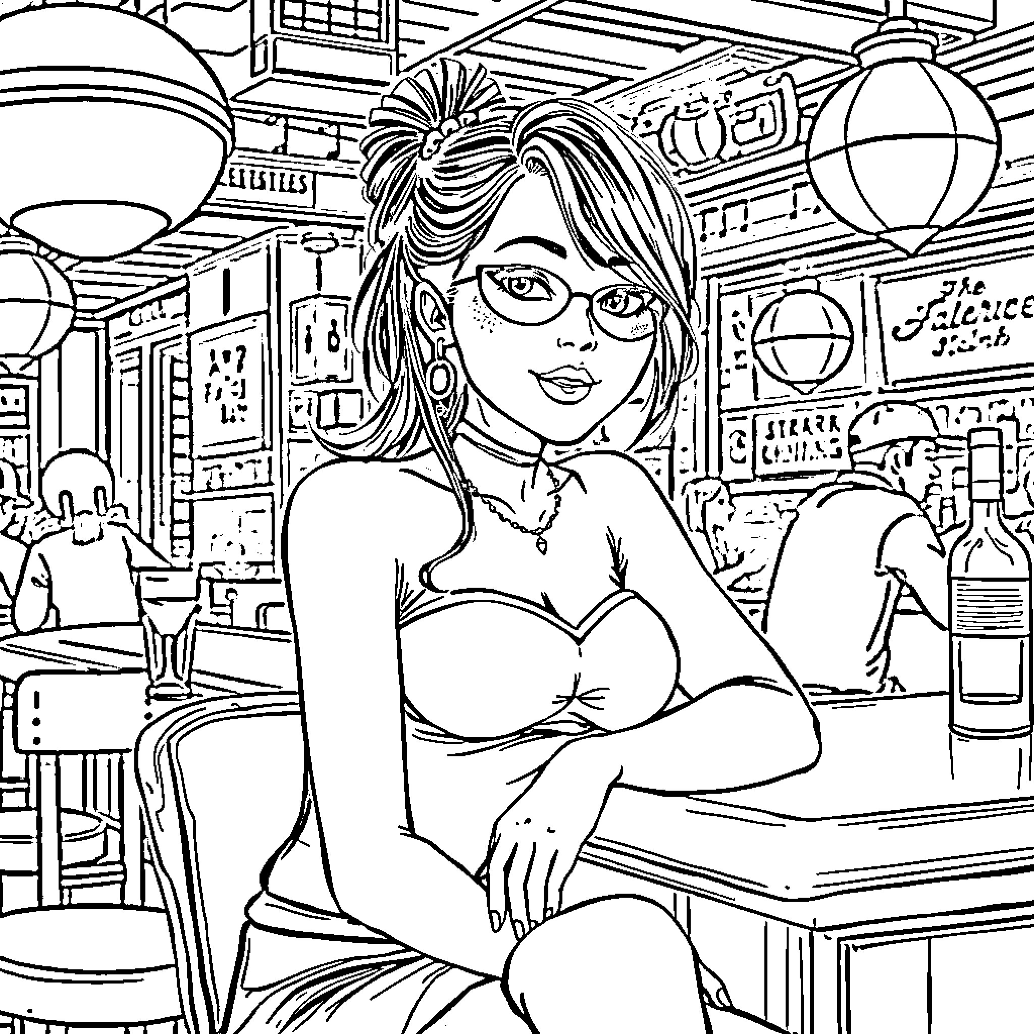 Girl in a Bar Scene with Glasses and Ornaments Coloring Page (free black-and-white line drawing printable PDF for all, from beginners to advanced learners, including children, teens, adults, and seniors)