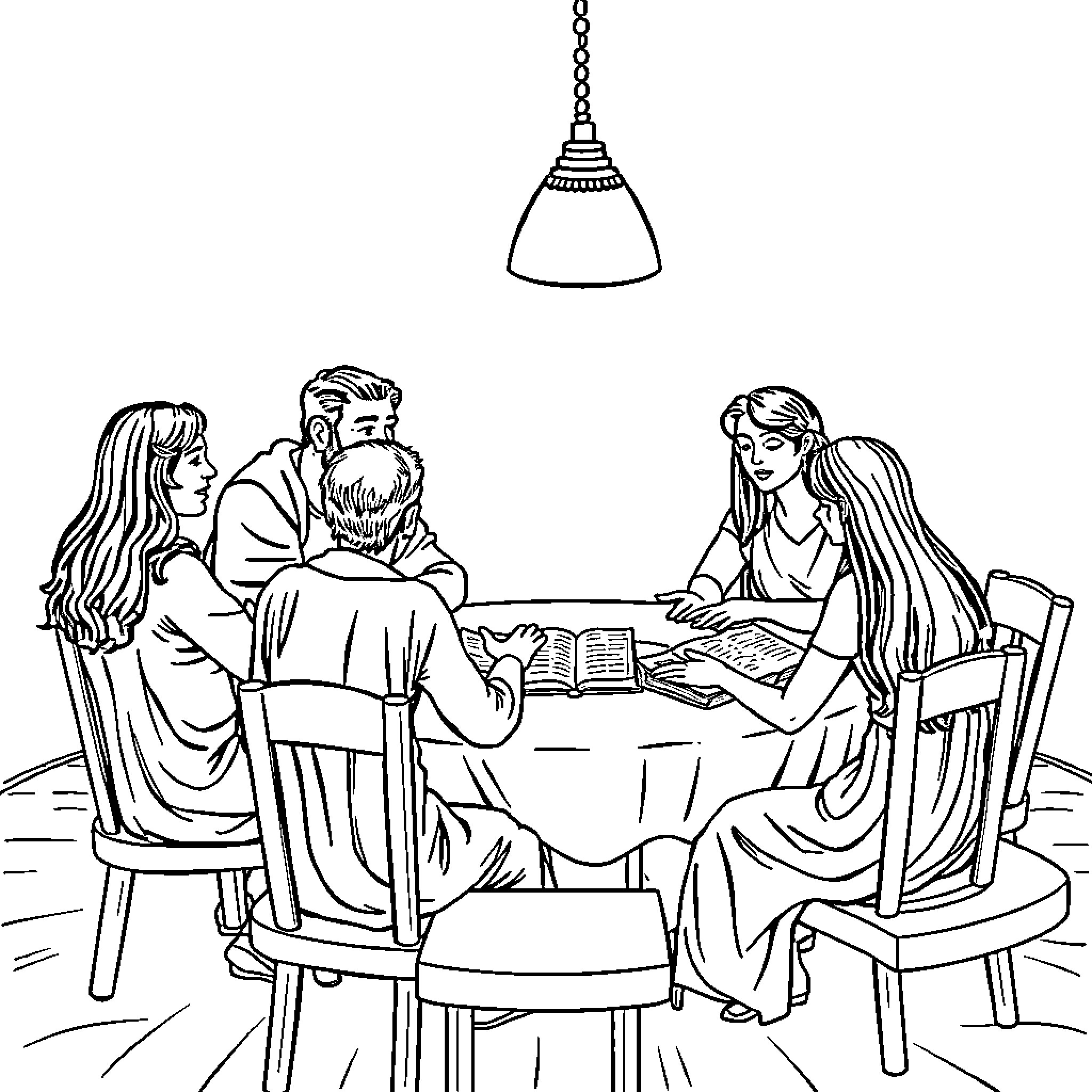 Bible study group discussing the scriptures Coloring Page (free black-and-white line drawing printable PDF for all, from beginners to advanced learners, including children, teens, adults, and seniors)