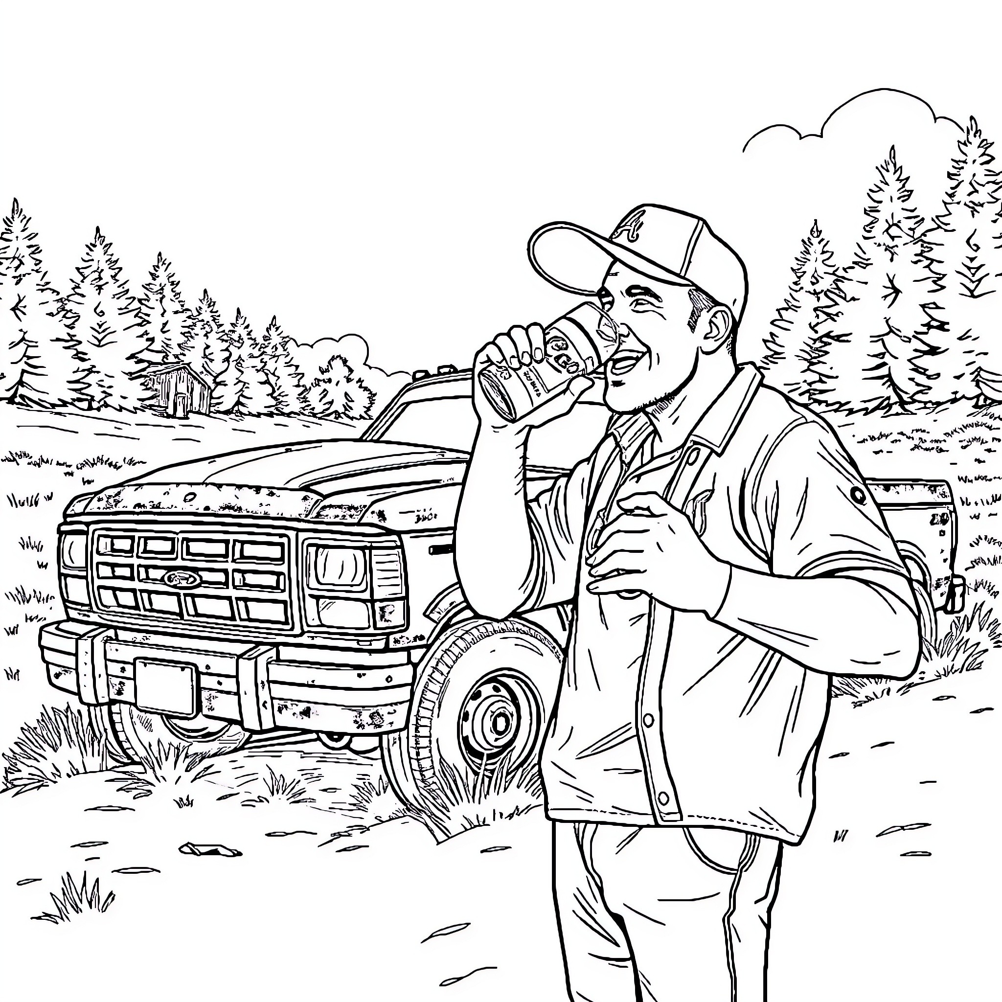 Fan Enjoys Refreshing Drink in Scenic Outdoor Setting Coloring Page (free black-and-white line drawing printable PDF for all, from beginners to advanced learners, including children, teens, adults, and seniors)