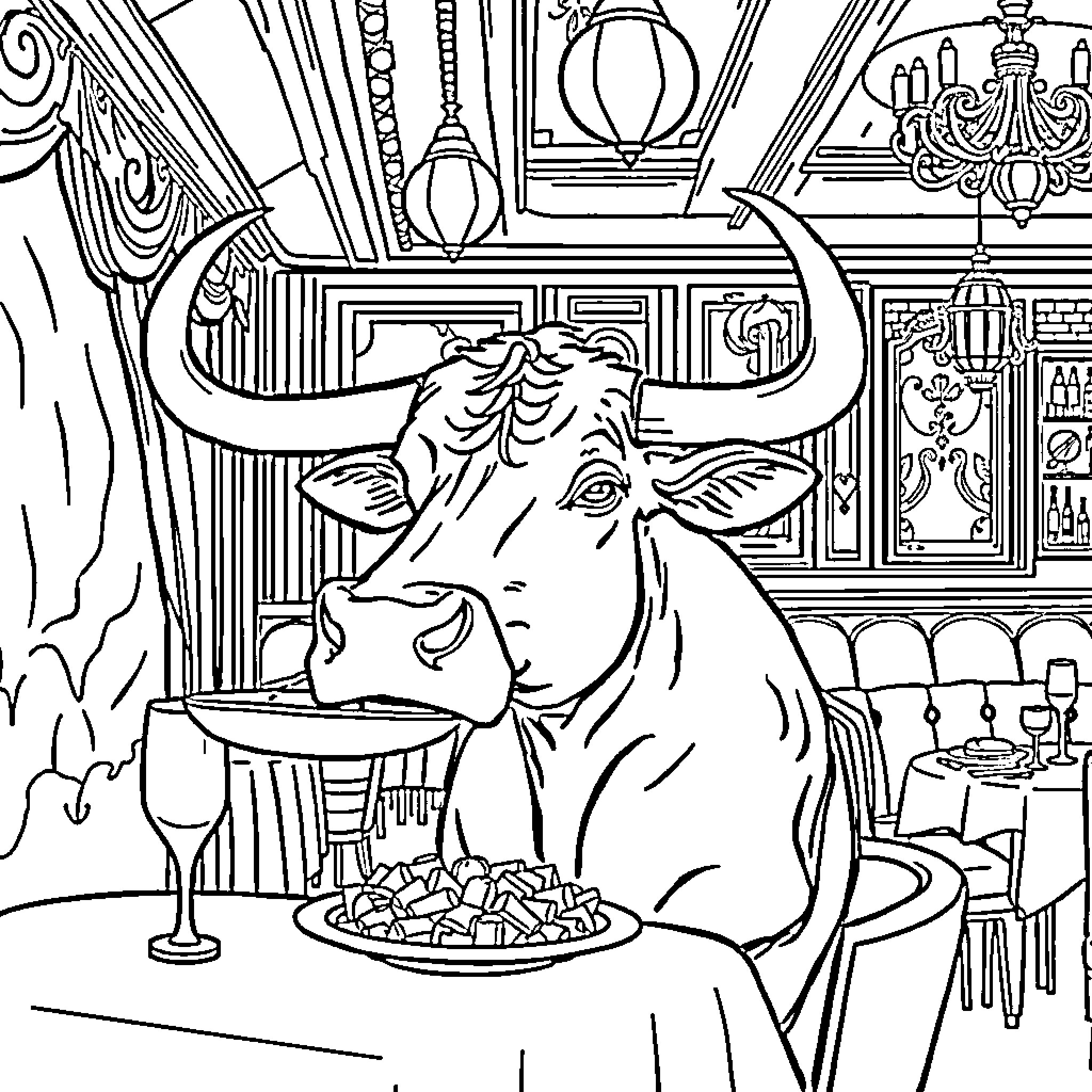 Cow relaxing in a fancy dining room Coloring Page (free black-and-white line drawing printable PDF for all, from beginners to advanced learners, including children, teens, adults, and seniors)