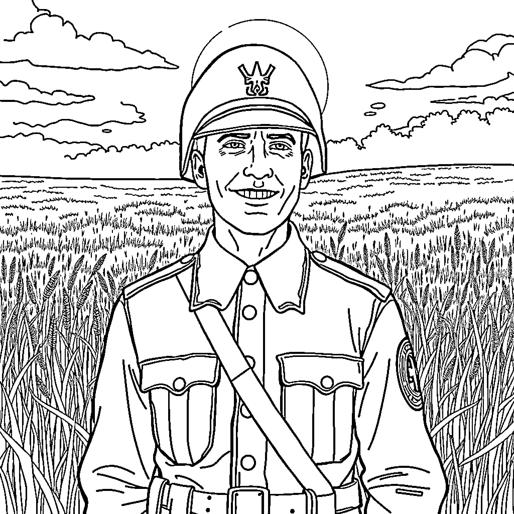 Soldier standing proudly in the field Coloring Page (free black-and-white line drawing printable PDF for all, from beginners to advanced learners, including children, teens, adults, and seniors)