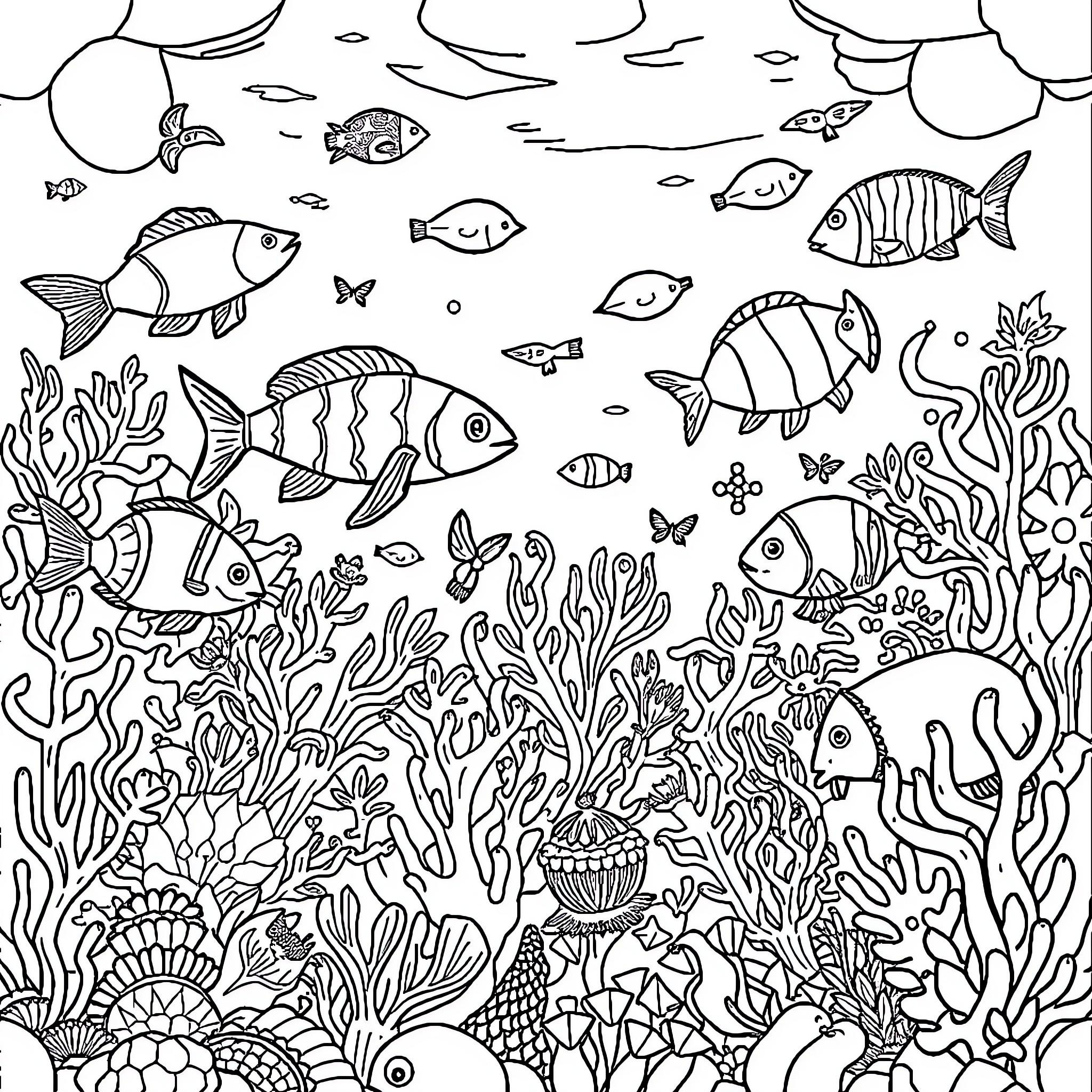 Animals swimming through an underwater coral reef Coloring Page (free black-and-white line drawing printable PDF for all, from beginners to advanced learners, including children, teens, adults, and seniors)