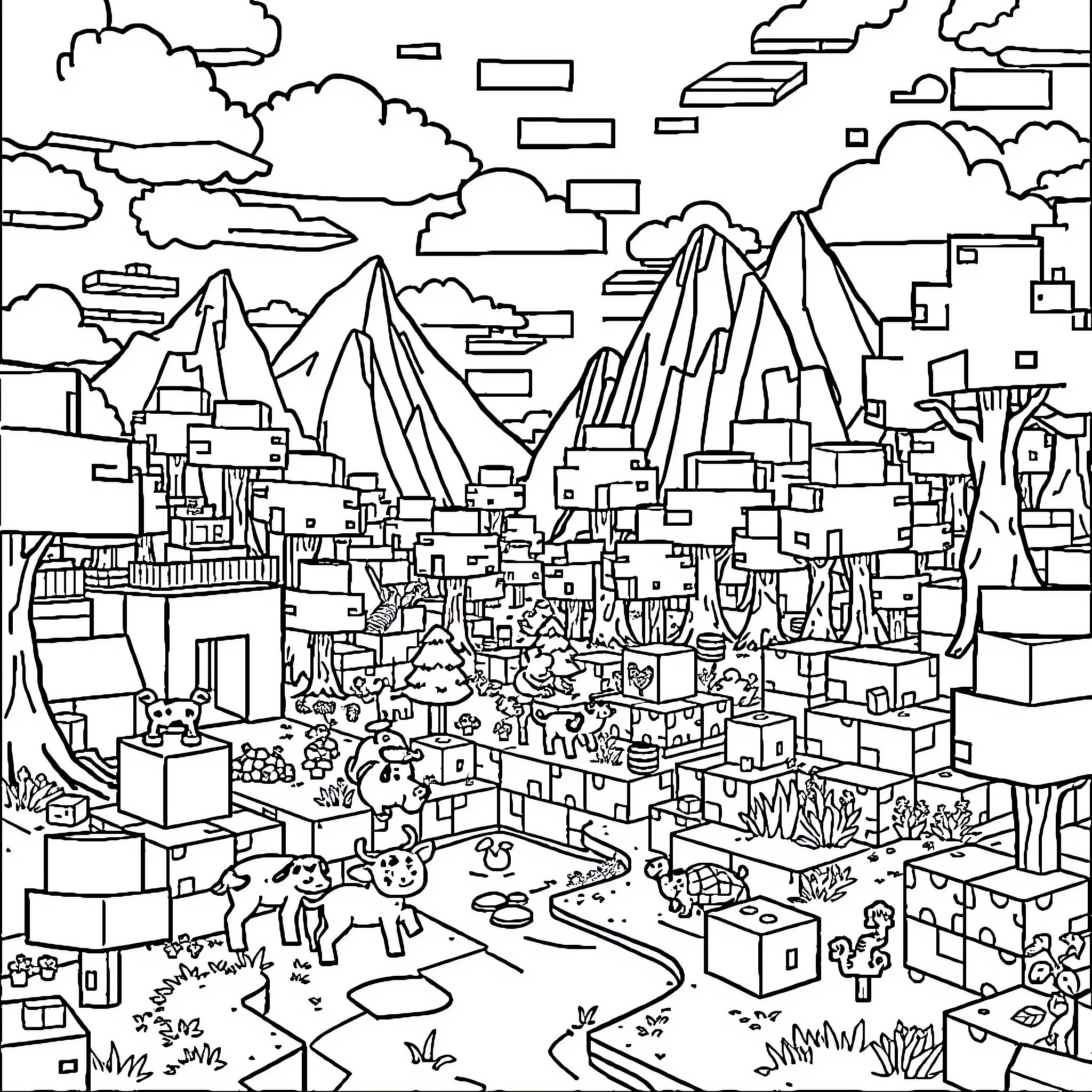 Minecraft town nestled in the mountains with varied activities Coloring Page (free black-and-white line drawing printable PDF for all, from beginners to advanced learners, including children, teens, adults, and seniors)