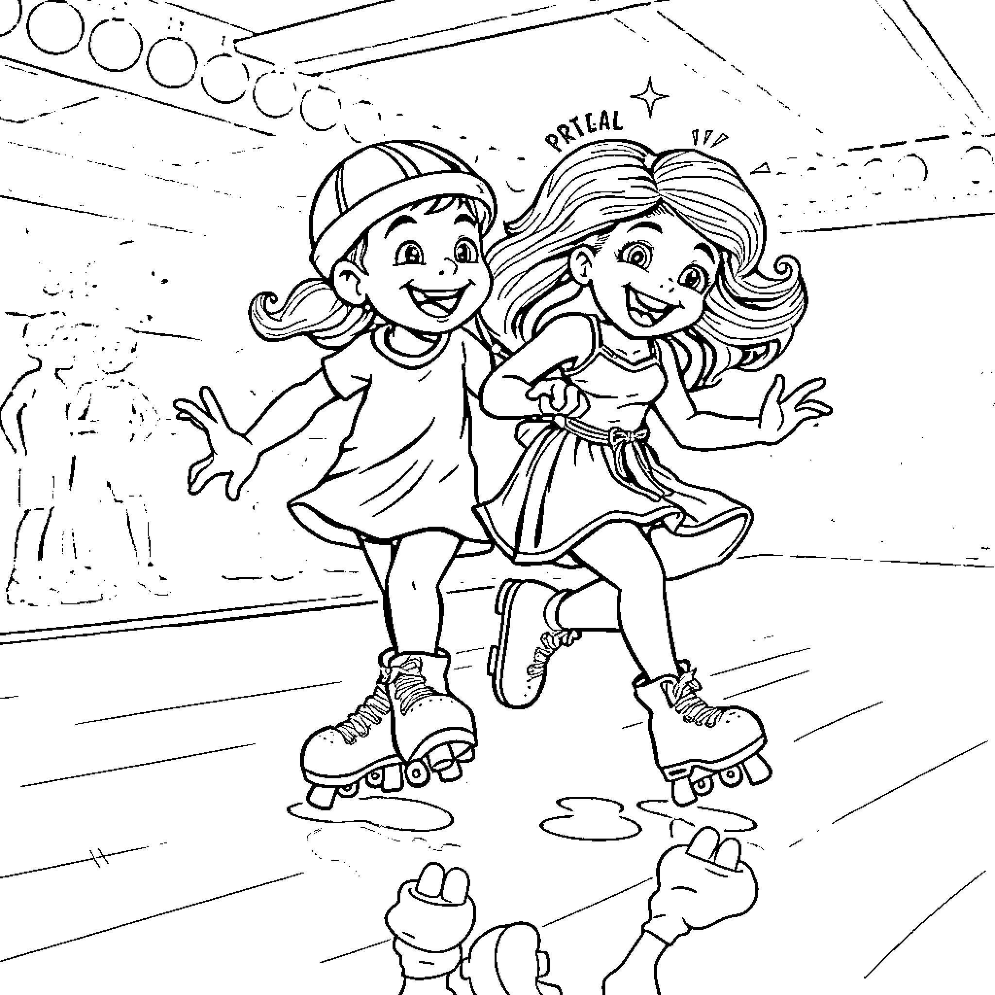 Gims: Two girls roller skating on stage Coloring Page (free black-and-white line drawing printable PDF for all, from beginners to advanced learners, including children, teens, adults, and seniors)