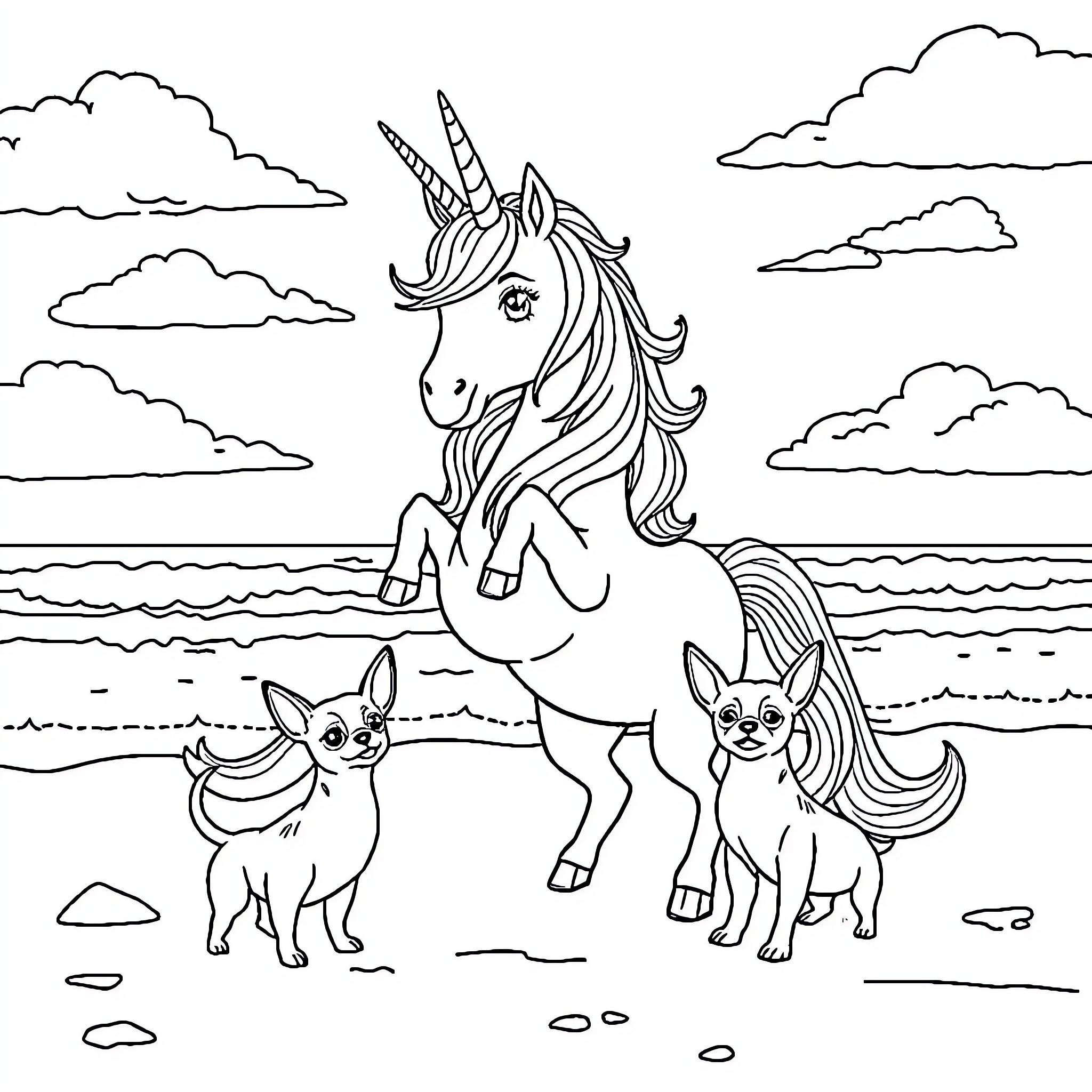 Unicorn relaxing with dog companions by the ocean Coloring Page (free black-and-white line drawing printable PDF for all, from beginners to advanced learners, including children, teens, adults, and seniors)