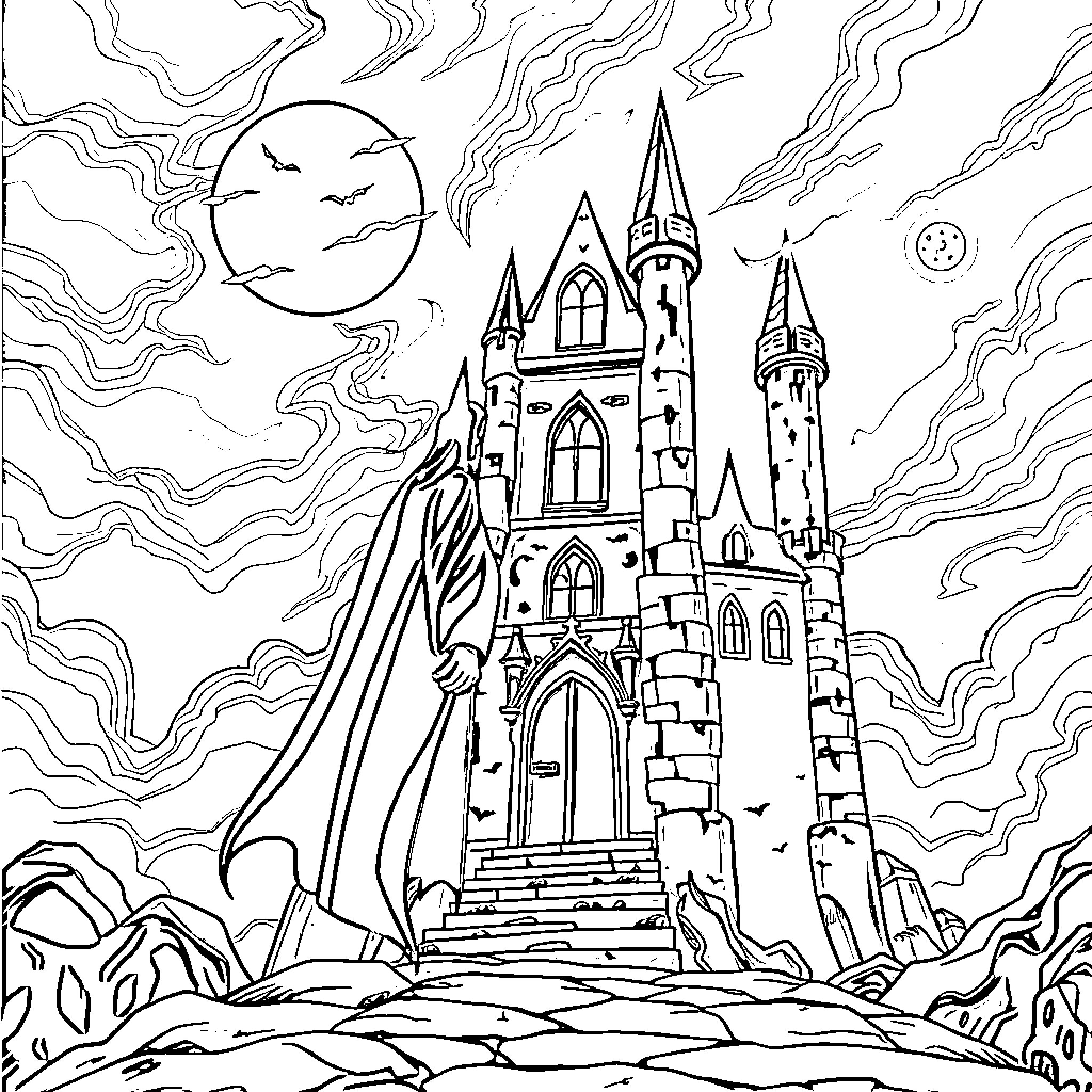 Dracula's Haunting Castle Under the Moonlight Coloring Page (free black-and-white line drawing printable PDF for all, from beginners to advanced learners, including children, teens, adults, and seniors)