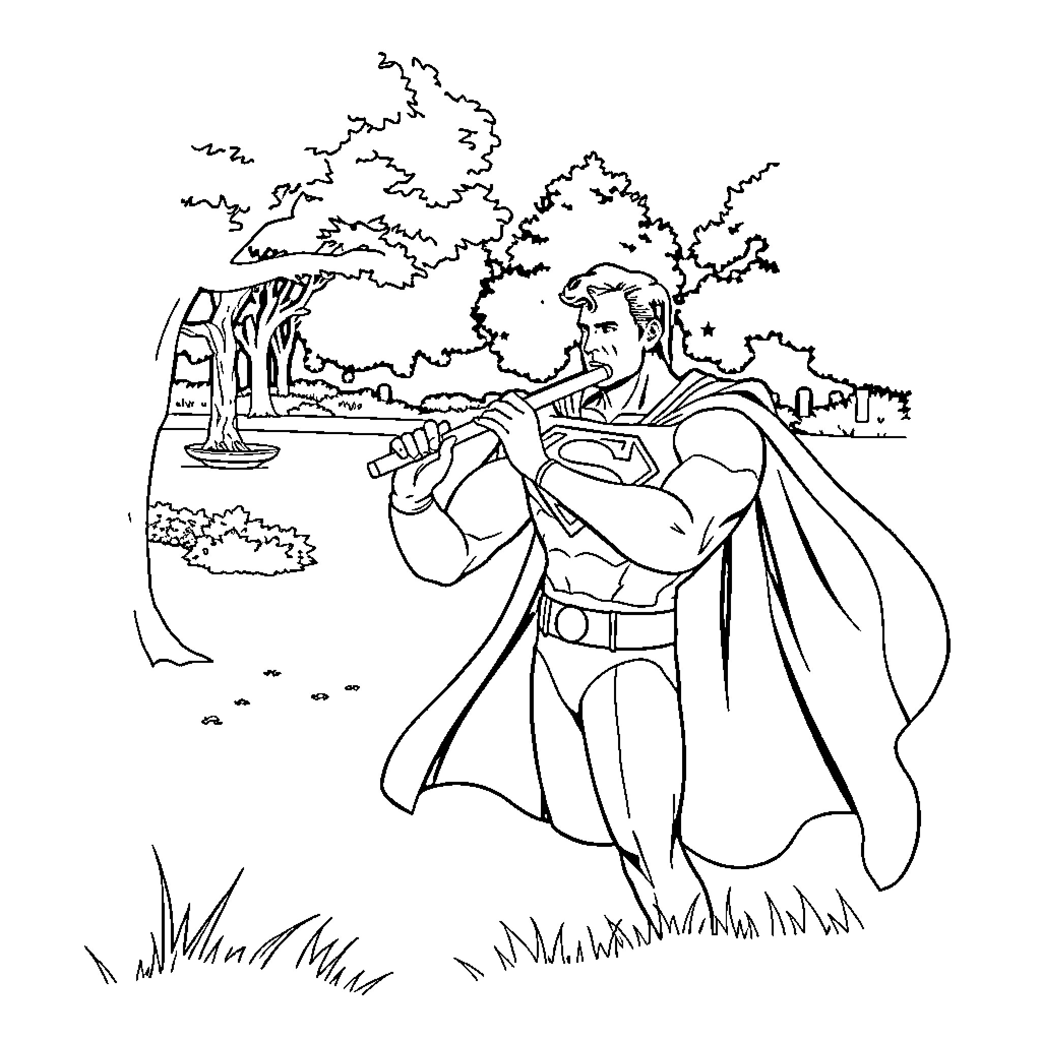 Superman Defending Nature in the Wilderness Coloring Page (free black-and-white line drawing printable PDF for all, from beginners to advanced learners, including children, teens, adults, and seniors)