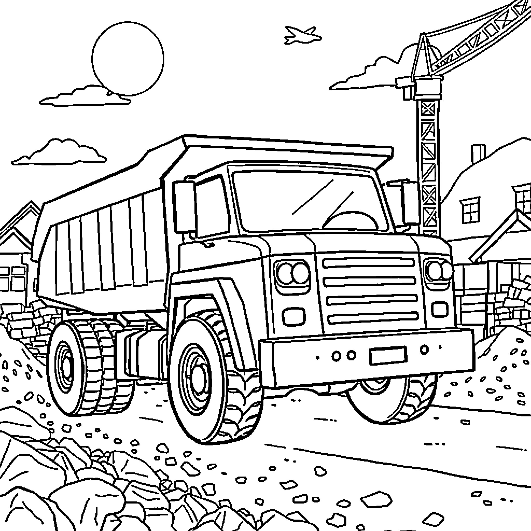 Dump Truck on Construction Site Coloring Page (free black-and-white line drawing printable PDF for all, from beginners to advanced learners, including children, teens, adults, and seniors)