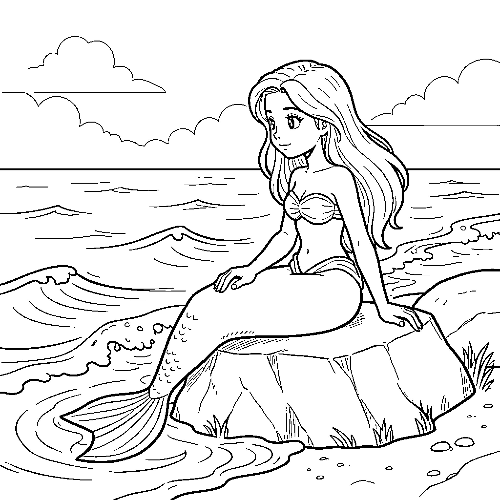 Mermaid sitting peacefully on a large rock by the sea Coloring Page (free black-and-white line drawing printable PDF for all, from beginners to advanced learners, including children, teens, adults, and seniors)