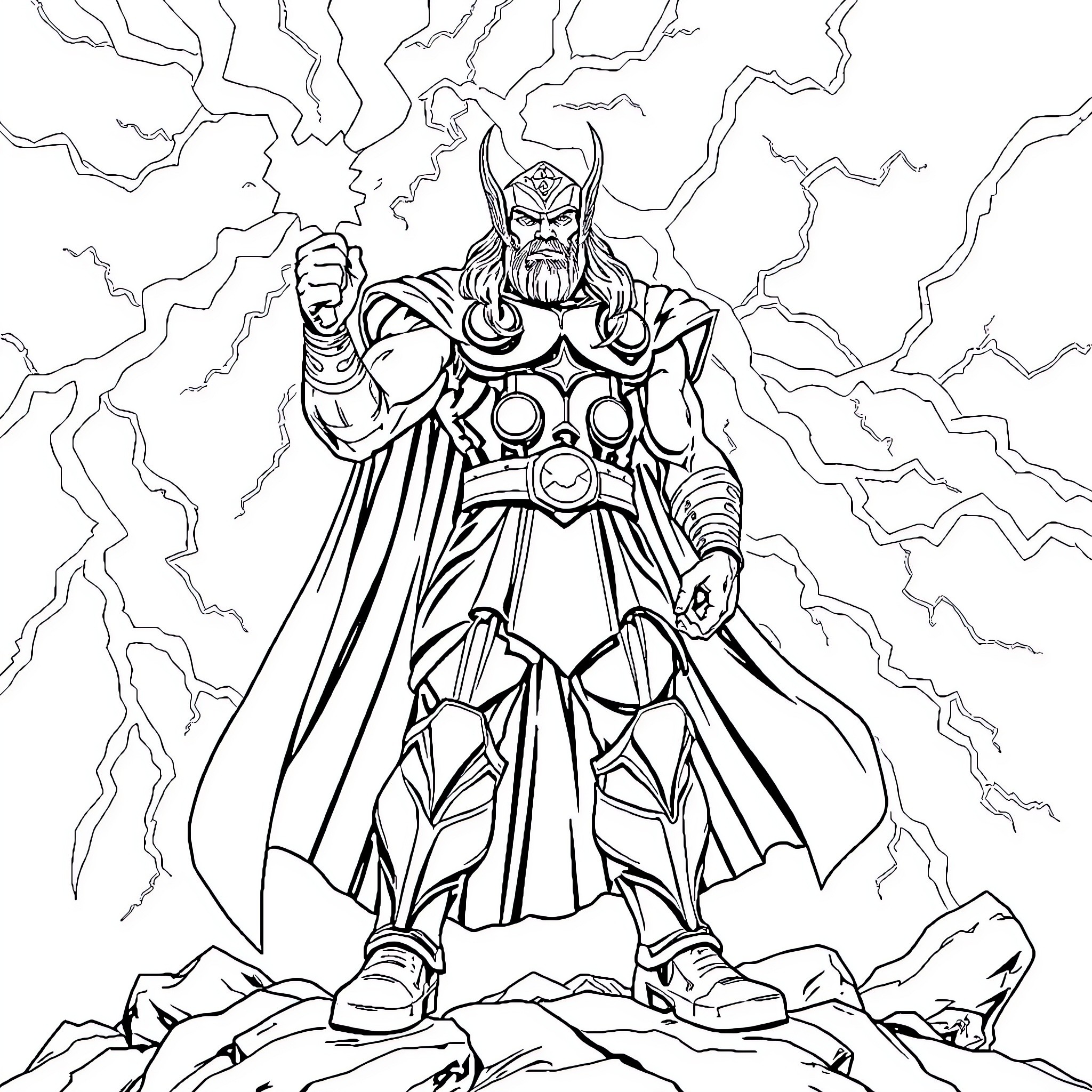 Thor Wielding Mjolnir Amid Crackling Lightning Coloring Page (free black-and-white line drawing printable PDF for all, from beginners to advanced learners, including children, teens, adults, and seniors)