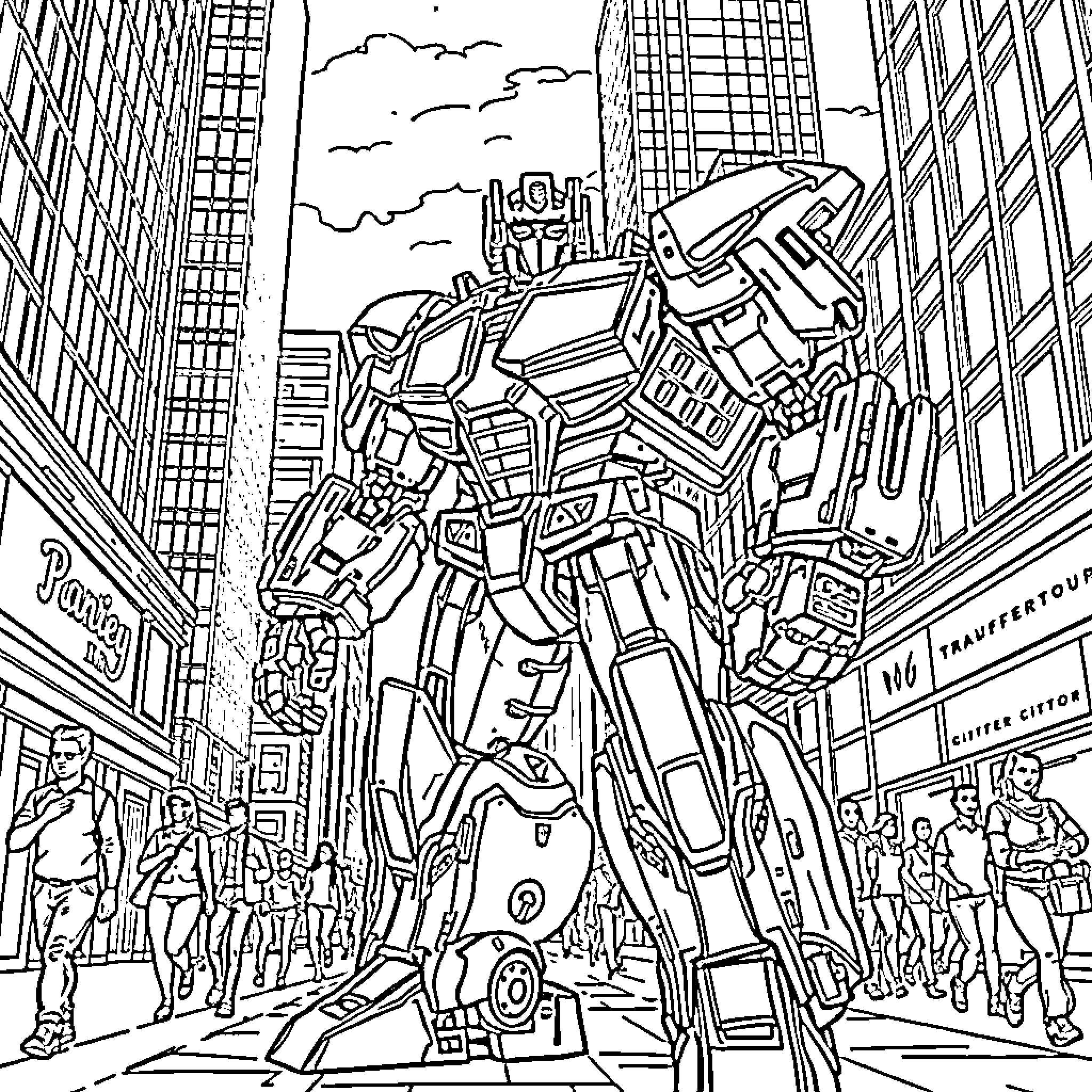 Bumblebee battles giant robot in busy city Coloring Page (free black-and-white line drawing printable PDF for all, from beginners to advanced learners, including children, teens, adults, and seniors)