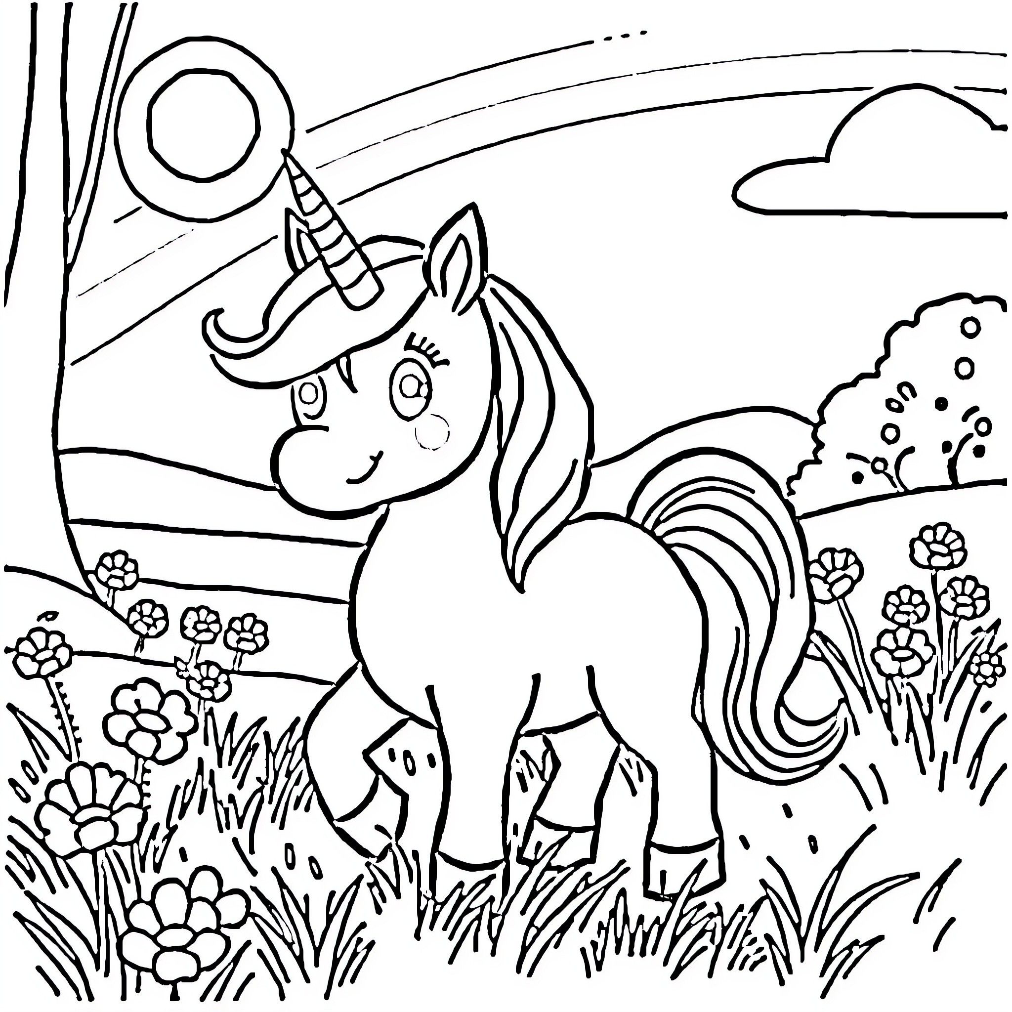 Unicorn in a Whimsical Meadow Coloring Page (free black-and-white line drawing printable PDF for all, from beginners to advanced learners, including children, teens, adults, and seniors)