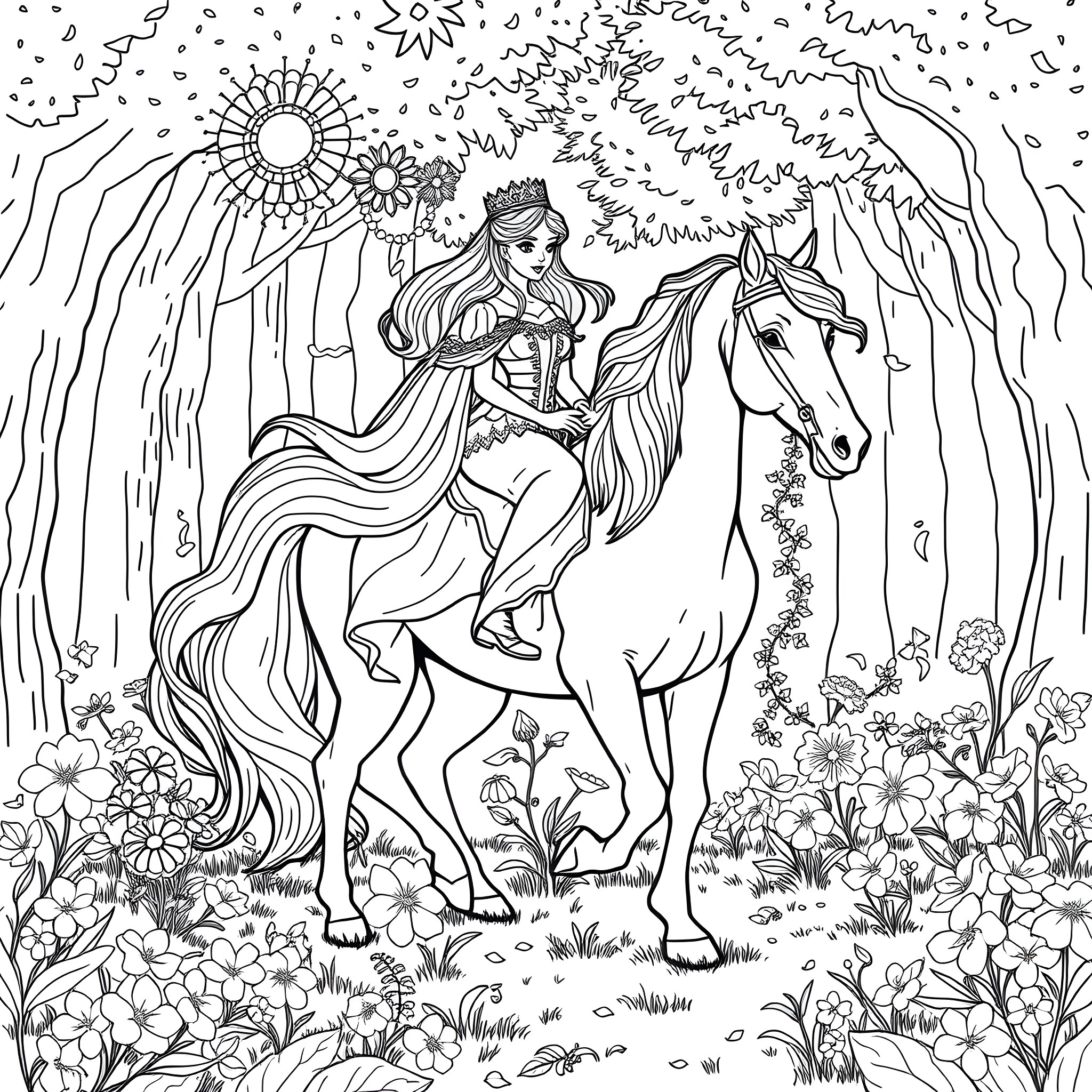 Princess Riding Majestic Horse in Enchanted Forest Coloring Page (free black-and-white line drawing printable PDF for all, from beginners to advanced learners, including children, teens, adults, and seniors)
