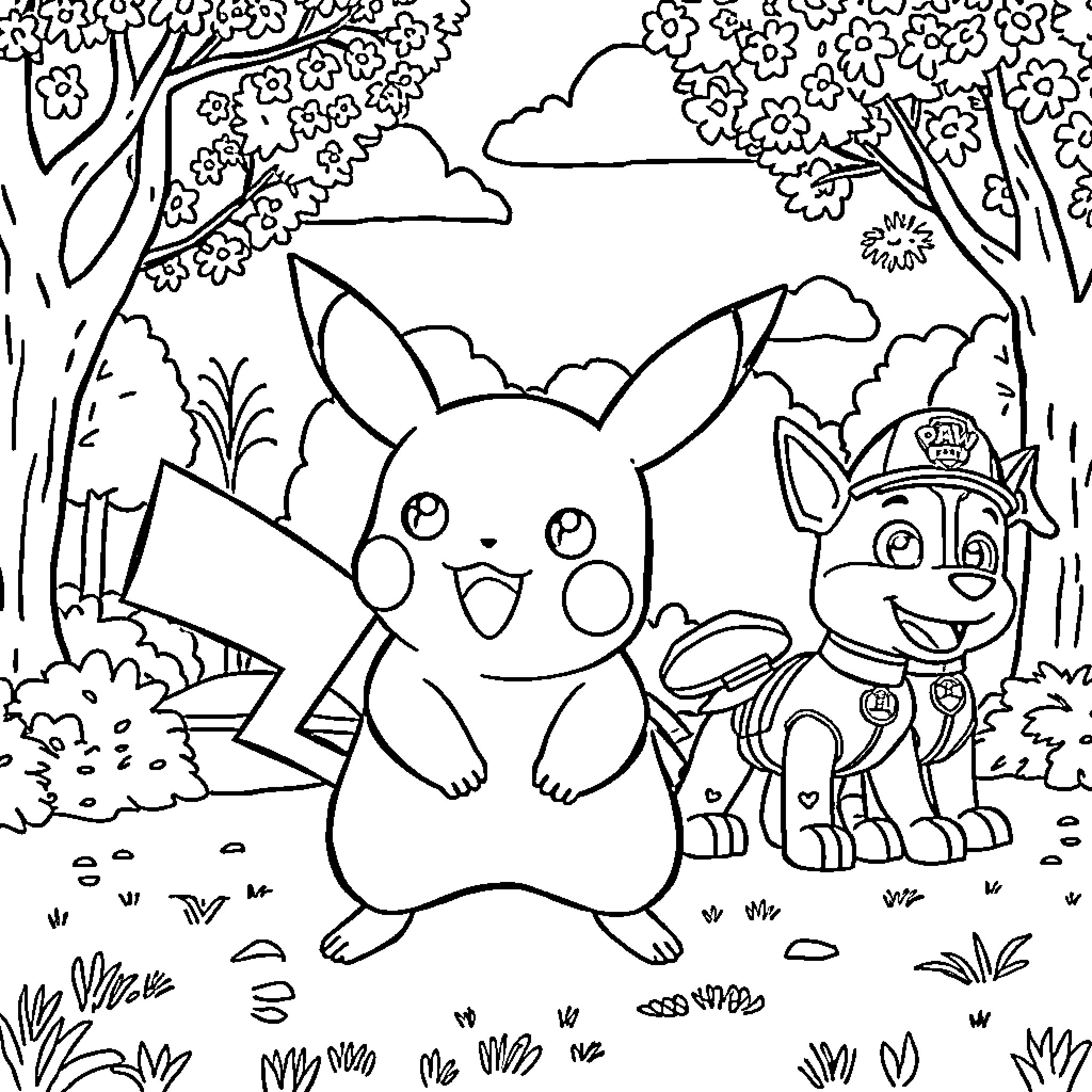 Pikachu and Paw Patrol Pup Having Fun in the Forest Coloring Page (free black-and-white line drawing printable PDF for all, from beginners to advanced learners, including children, teens, adults, and seniors)