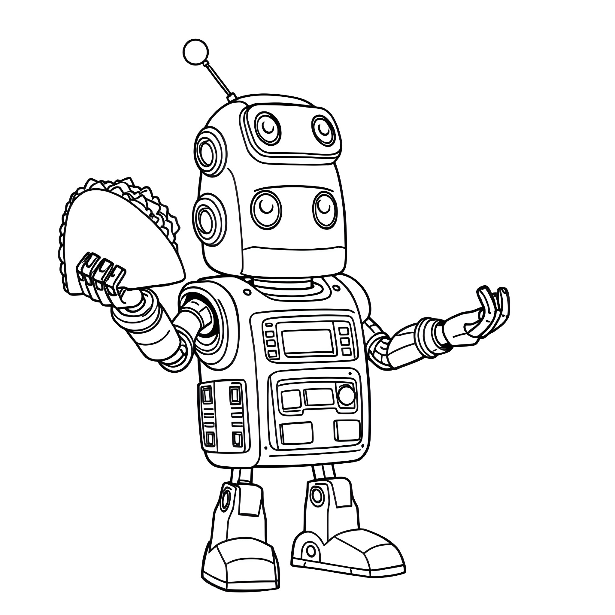 Taco Robot Holding Taco with Raised Arms Coloring Page (free black-and-white line drawing printable PDF for all, from beginners to advanced learners, including children, teens, adults, and seniors)