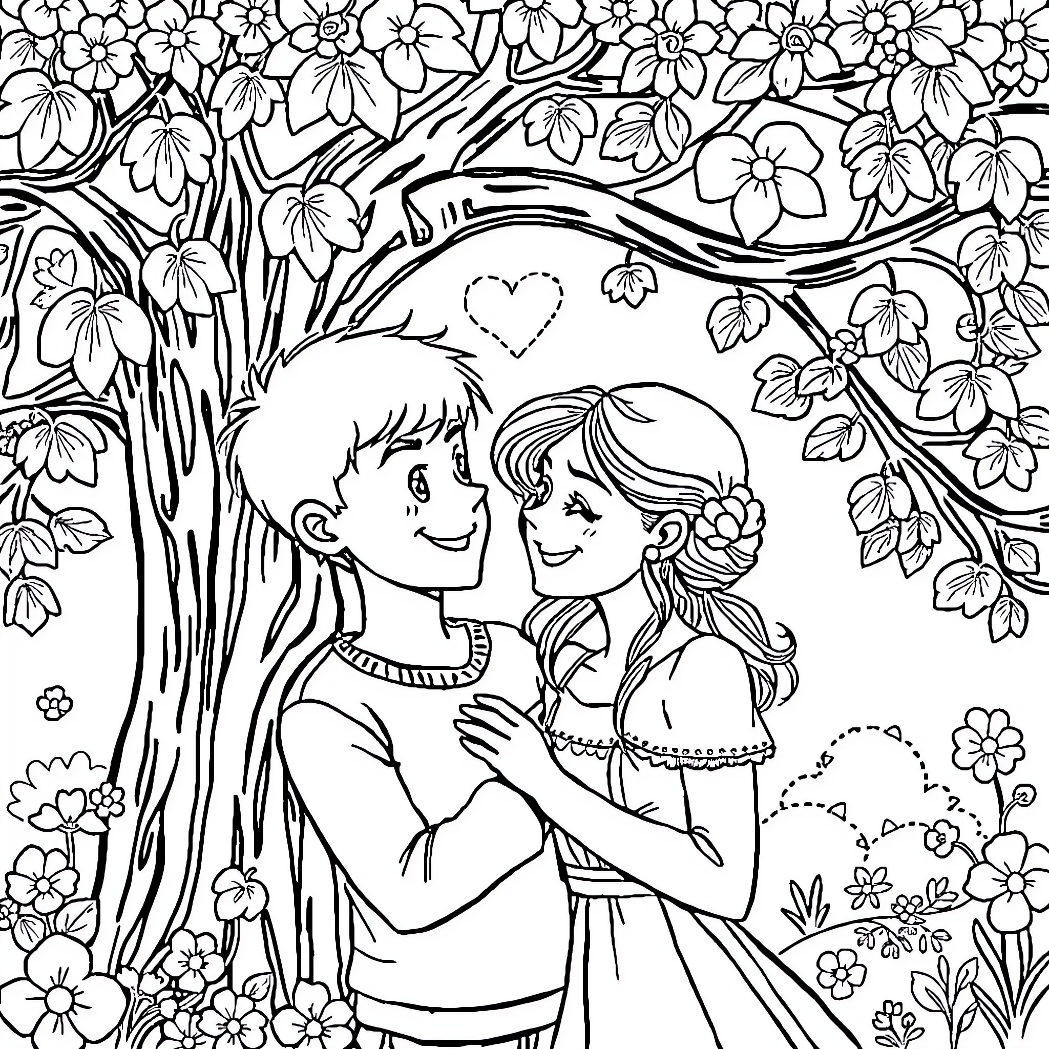 Boy and Girl Embracing under a Blossoming Tree Coloring Page (free black-and-white line drawing printable PDF for all, from beginners to advanced learners, including children, teens, adults, and seniors)
