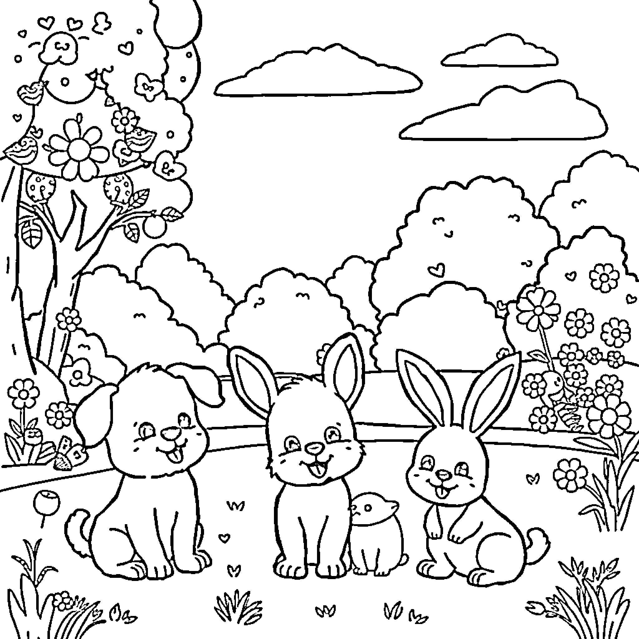 Baby Animals Playing Happily in a Flowery Meadow Coloring Page (free black-and-white line drawing printable PDF for all, from beginners to advanced learners, including children, teens, adults, and seniors)