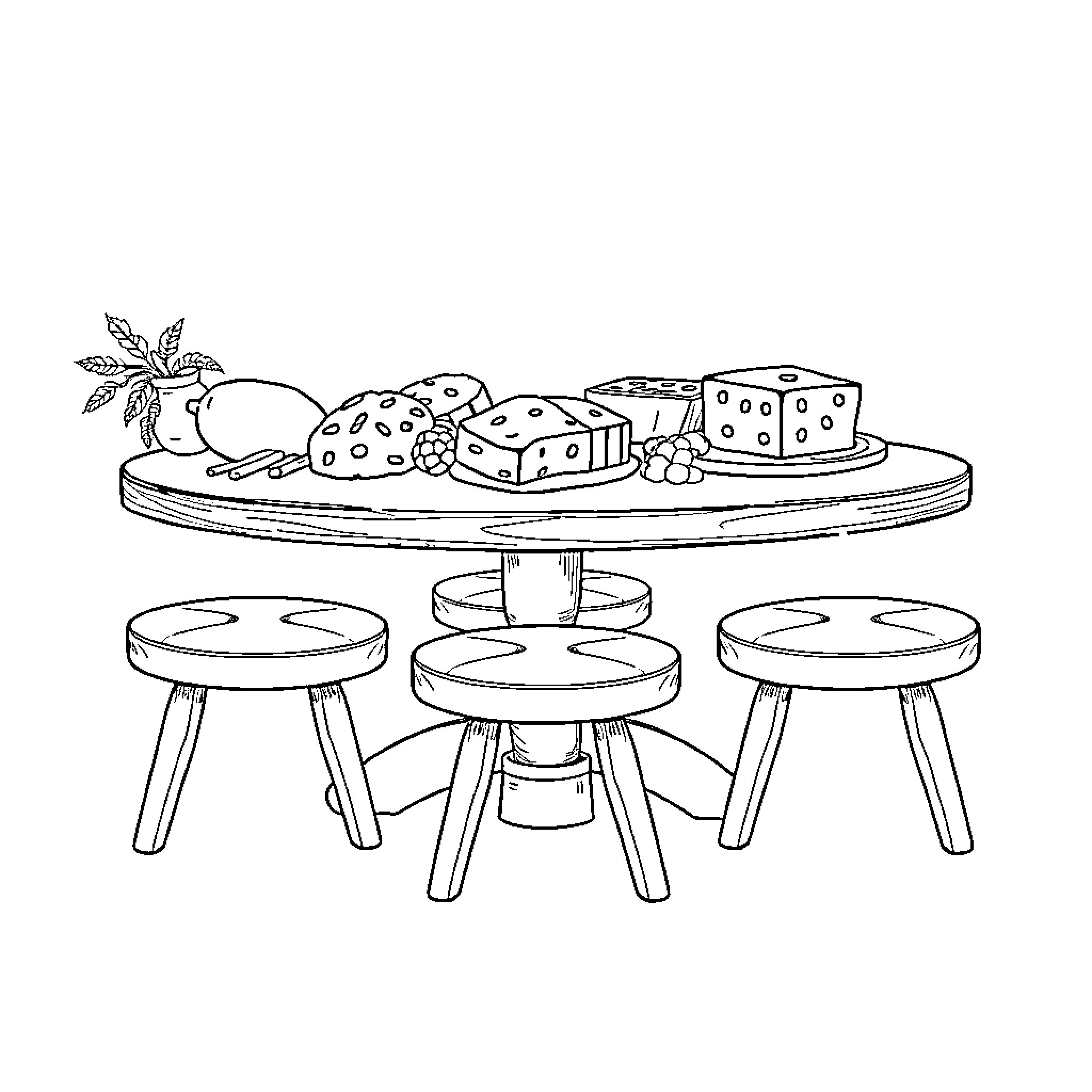 Cheese Spread on the Table with Treats Coloring Page (free black-and-white line drawing printable PDF for all, from beginners to advanced learners, including children, teens, adults, and seniors)