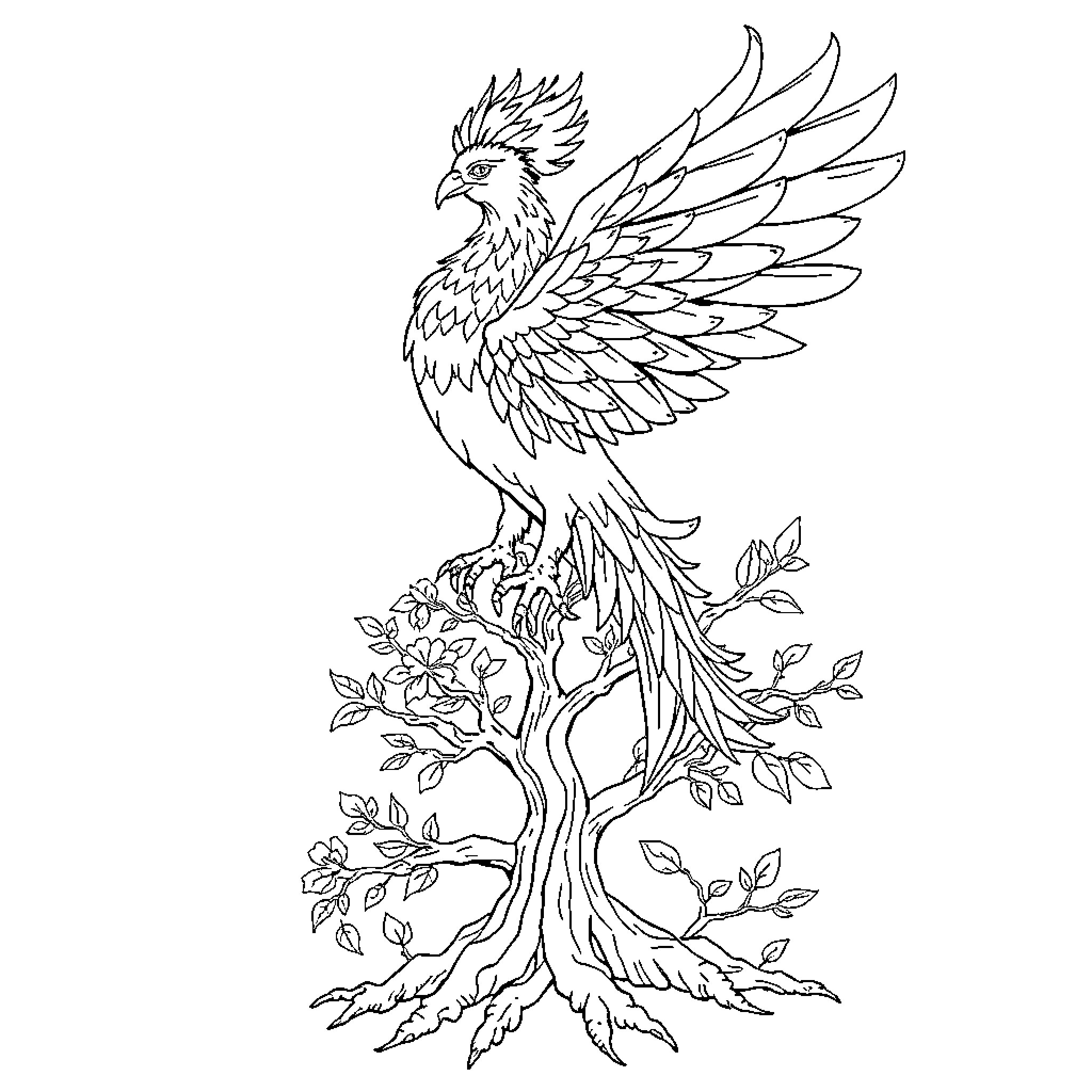 Phoenix soaring amidst nature's elements Coloring Page (free black-and-white line drawing printable PDF for all, from beginners to advanced learners, including children, teens, adults, and seniors)