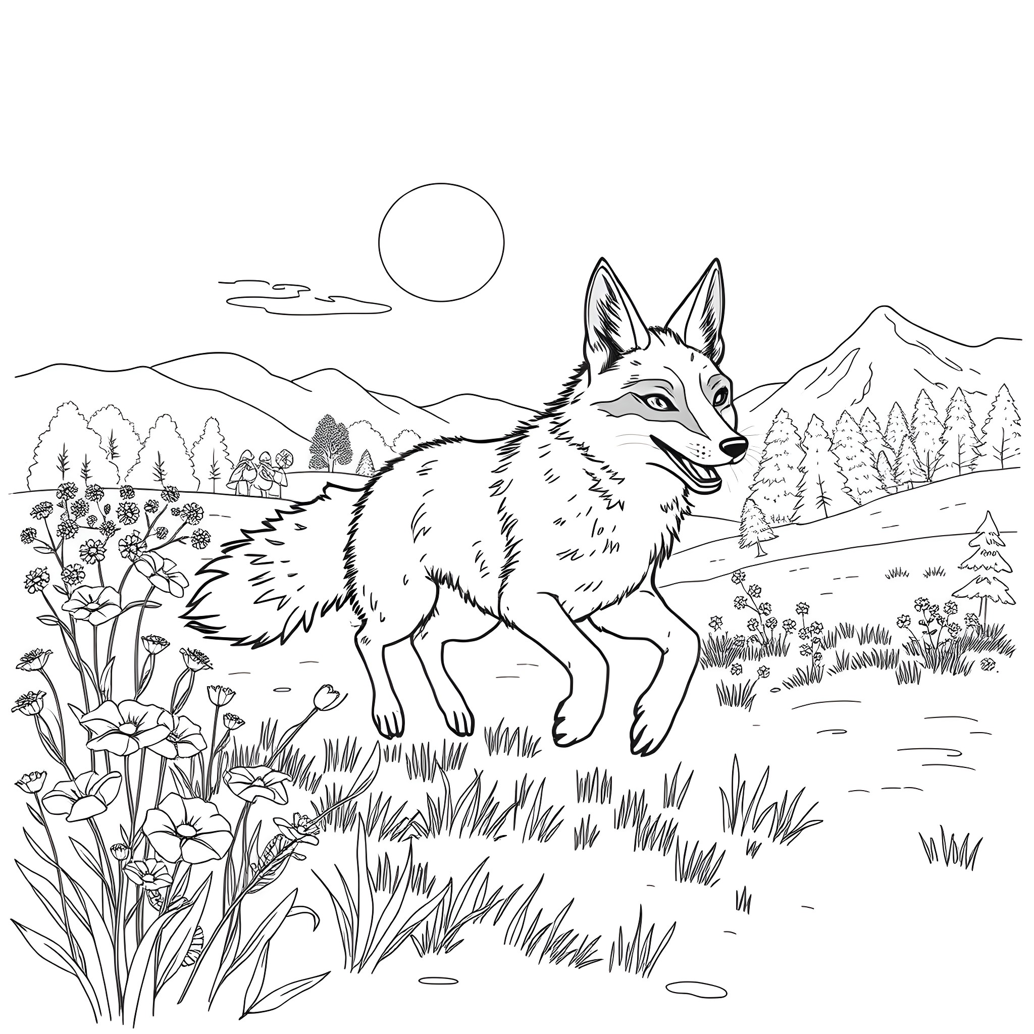 Coyote Roaming the Wilderness Coloring Page (free black-and-white line drawing printable PDF for all, from beginners to advanced learners, including children, teens, adults, and seniors)