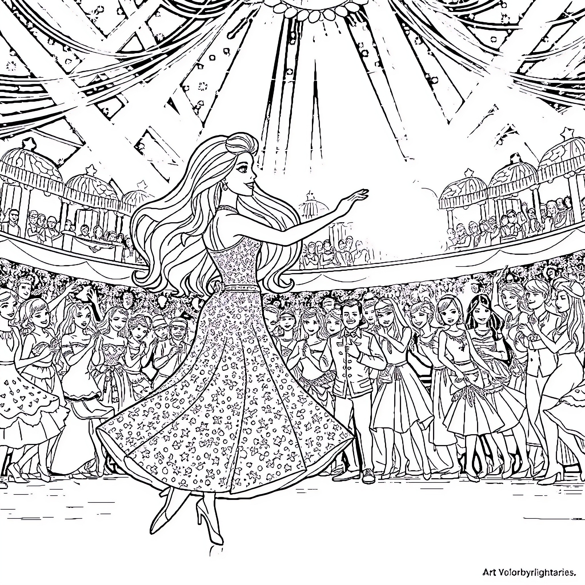 Barbie's Dazzling Ballroom Dance Performance Coloring Page (free black-and-white line drawing printable PDF for all, from beginners to advanced learners, including children, teens, adults, and seniors)