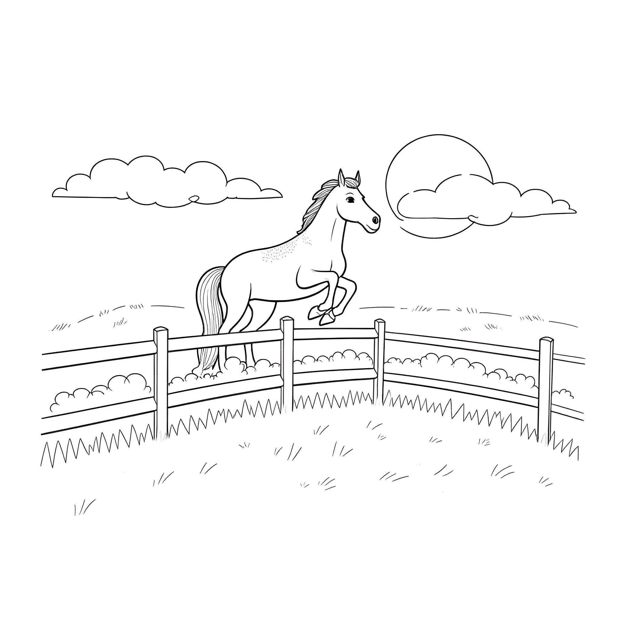 Horse galloping freely in pasture with fencing Coloring Page (free black-and-white line drawing printable PDF for all, from beginners to advanced learners, including children, teens, adults, and seniors)