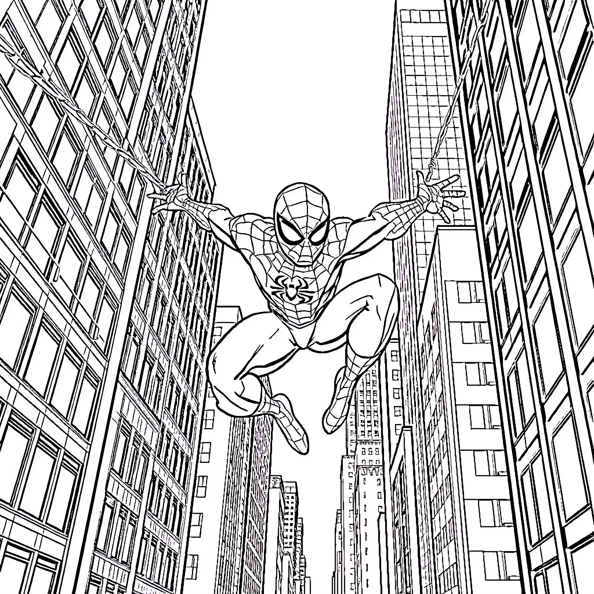 Spiderman swinging through the city skyline Coloring Page (free black-and-white line drawing printable PDF for all, from beginners to advanced learners, including children, teens, adults, and seniors)