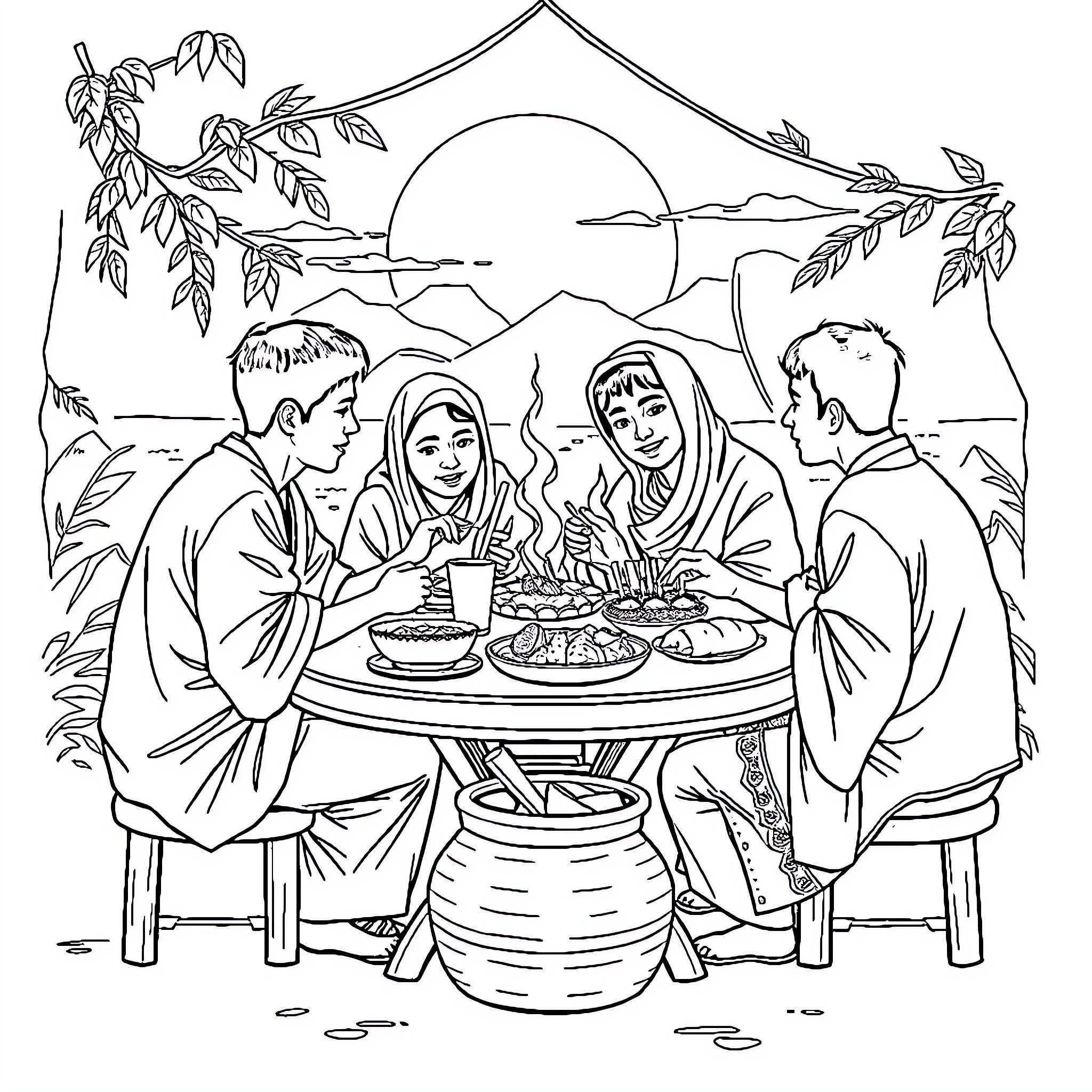 Tung Tung Sahur: Family Gathering under Sunset Scenery Coloring Page (free black-and-white line drawing printable PDF for all, from beginners to advanced learners, including children, teens, adults, and seniors)