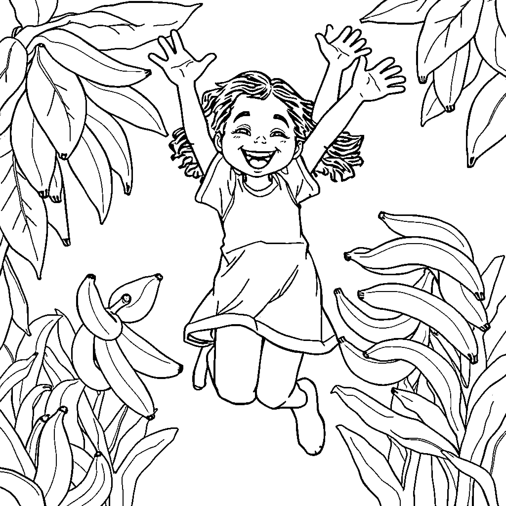 Banana girl jumping for joy in nature Coloring Page (free black-and-white line drawing printable PDF for all, from beginners to advanced learners, including children, teens, adults, and seniors)