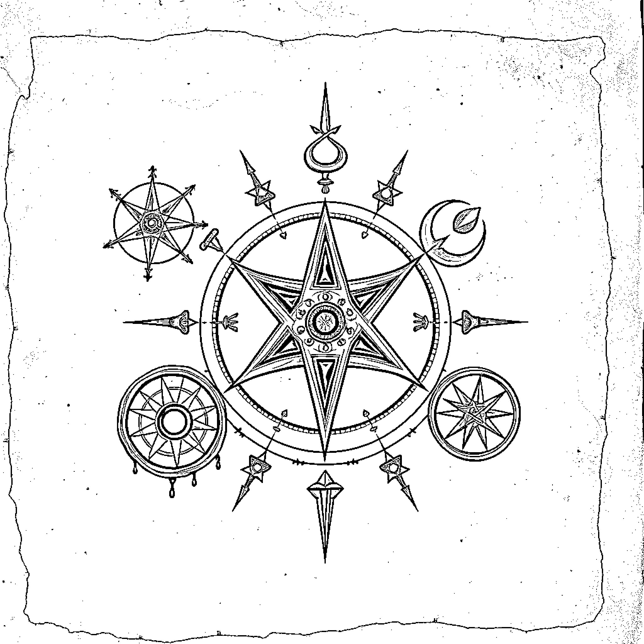 Occult Symbol with Celestial Motifs and Esoteric Imagery Coloring Page (free black-and-white line drawing printable PDF for all, from beginners to advanced learners, including children, teens, adults, and seniors)