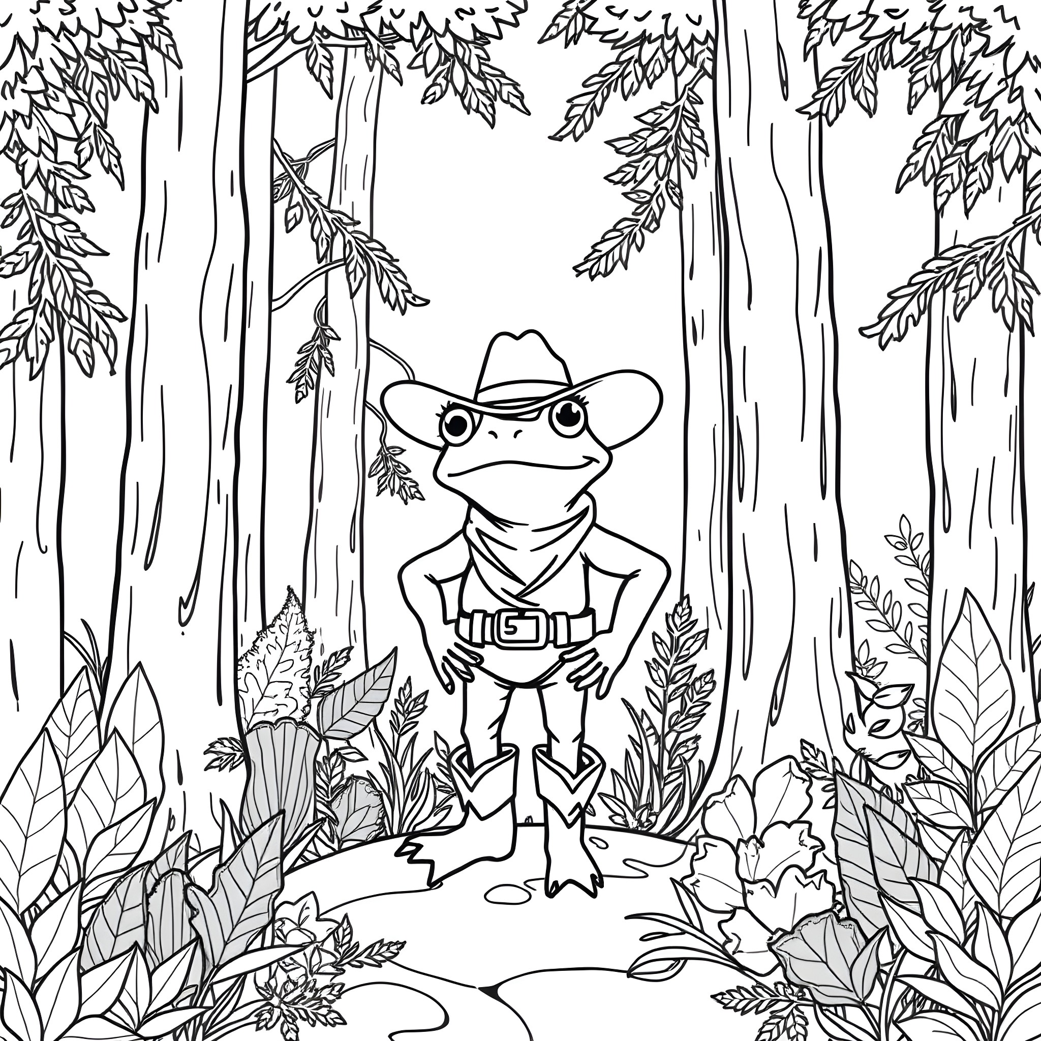 Frog Adventurer in the Enchanted Forest Coloring Page (free black-and-white line drawing printable PDF for all, from beginners to advanced learners, including children, teens, adults, and seniors)