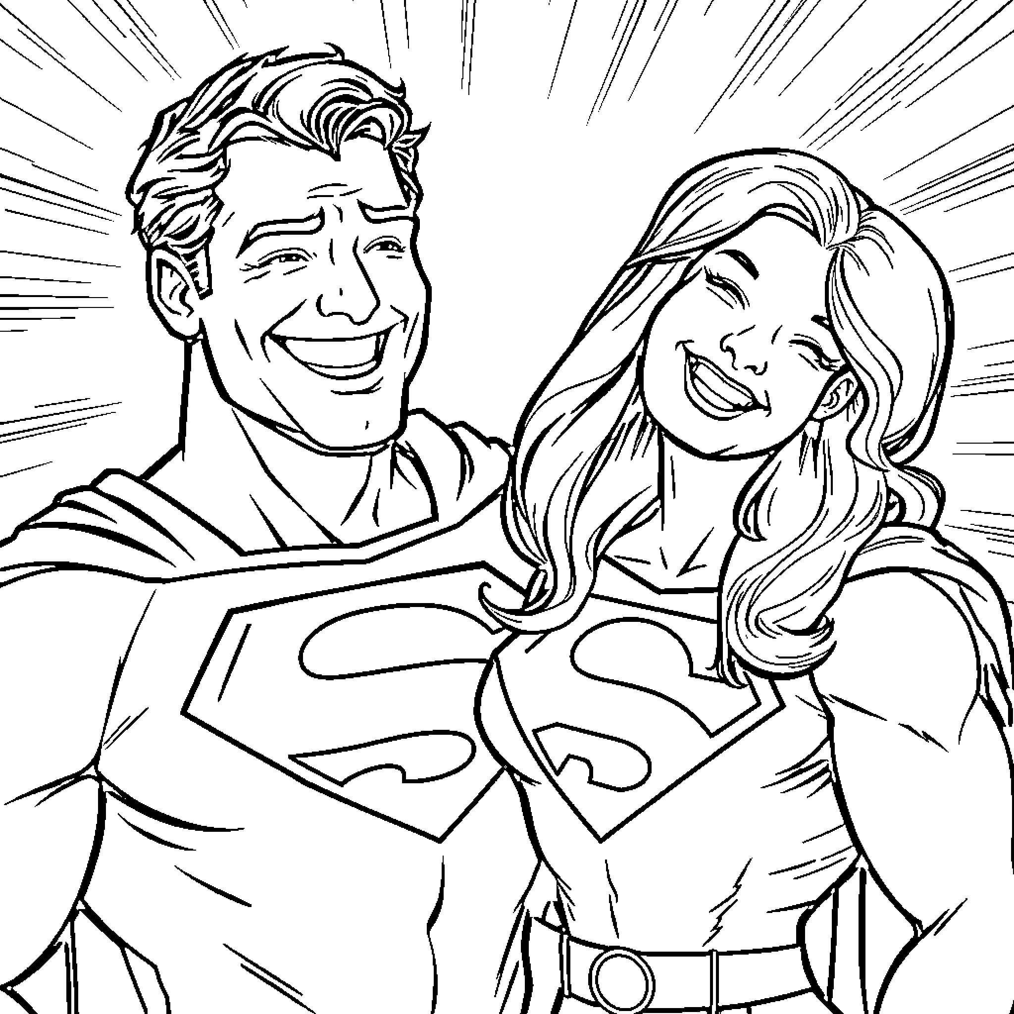 Superman and Supergirl in action-packed adventure Coloring Page (free black-and-white line drawing printable PDF for all, from beginners to advanced learners, including children, teens, adults, and seniors)