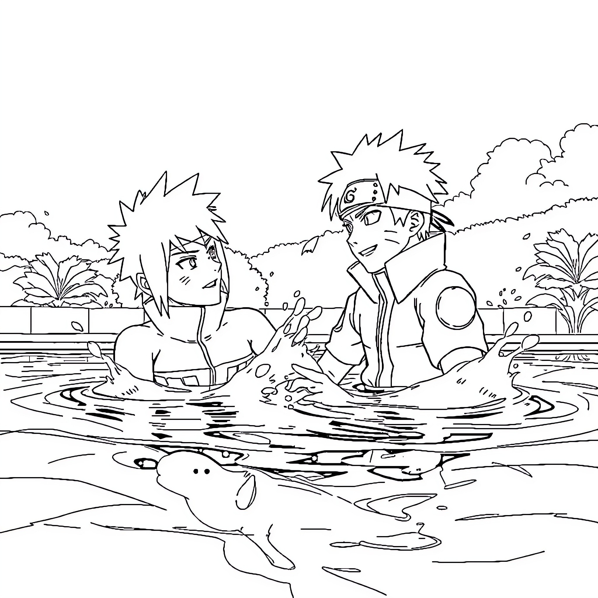Kakashi and friends enjoying a swim in the pool Coloring Page (free black-and-white line drawing printable PDF for all, from beginners to advanced learners, including children, teens, adults, and seniors)